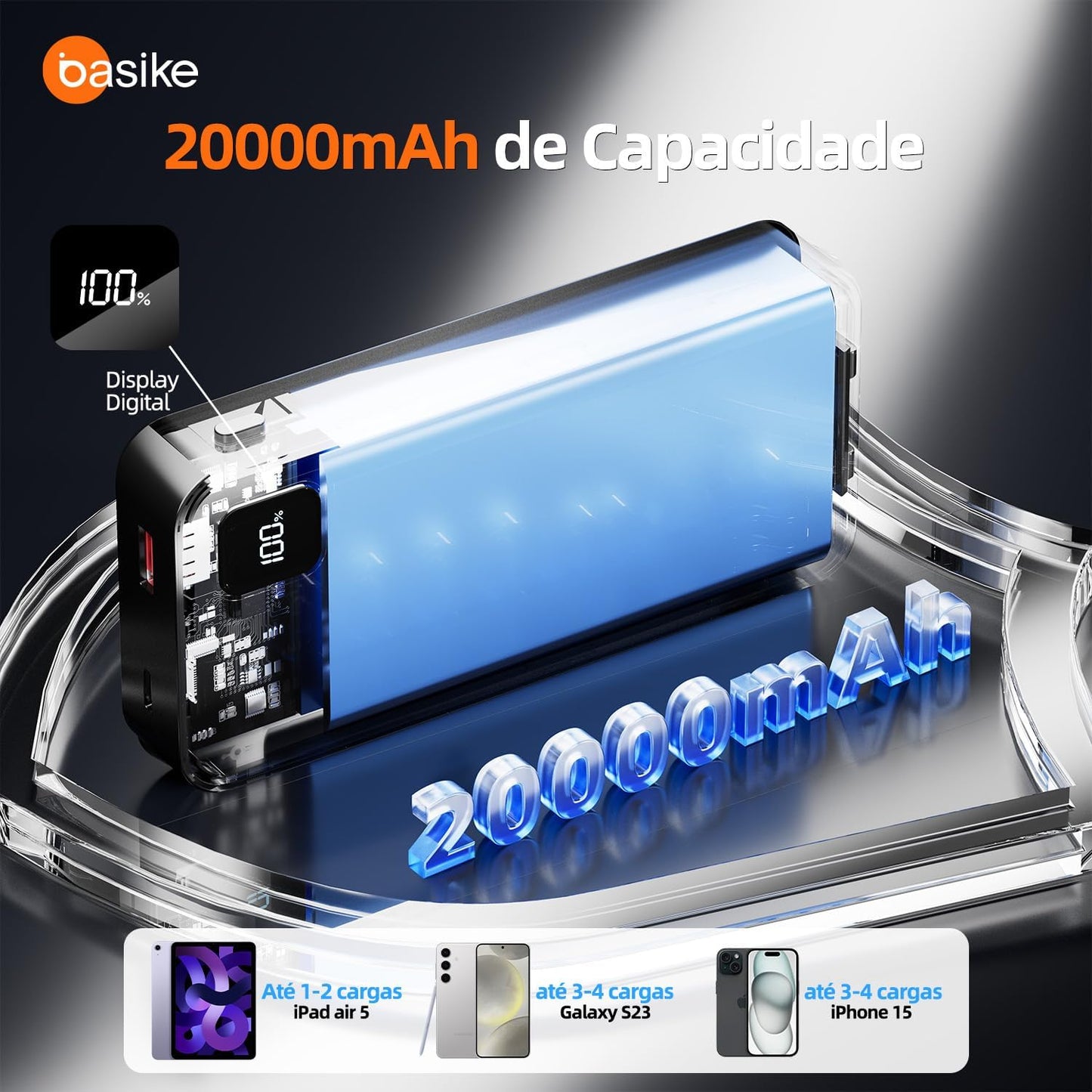 Basike Power Bank, Carregador Portátil Universal 20000mAh, USB-A(até 22.5W)+USB-C(até PD20W), com 2 Cabos Integrados (USB-C, Lightning) Carregamento Rápido, Led Indicador de Bateria (Preto)