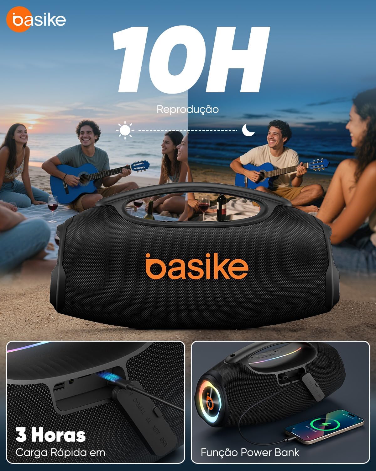 Basike Caixa de Som Bluetooth Portátil 80W RMS (Pico 120W), TWS Estéreo, Modos EQ, Luzes RGB, IPX6 Resistente à Água, Bateria 8000mAh, para Home Theater, Festa e Uso Externo – Preto