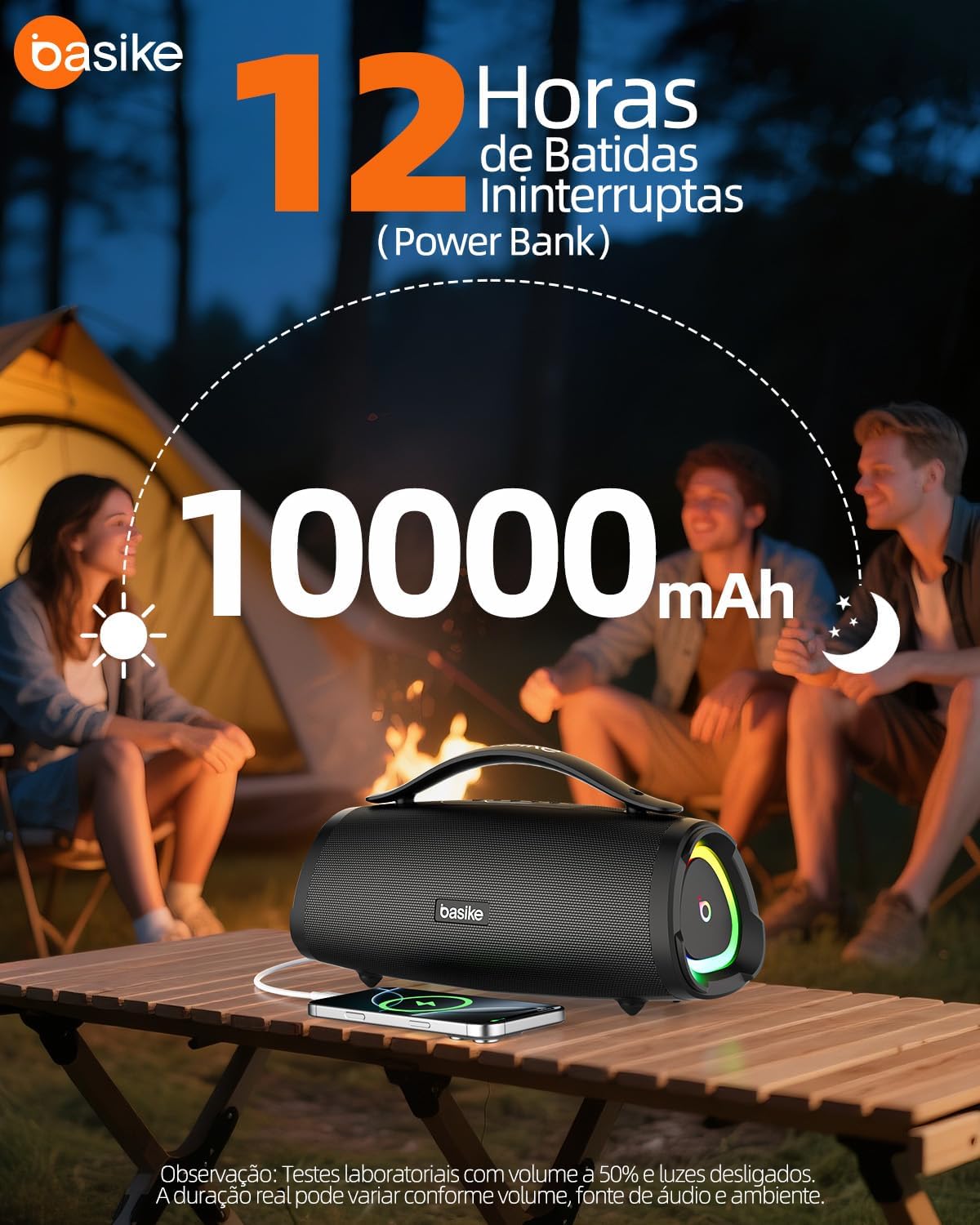 Basike Caixa de Som Bluetooth Portátil 100W RMS (160W Pico), TWS Estéreo, EQ, Microfone Integrado, Luzes RGB, IPX6 Resistente à Água, 12h de Bateria para Home Theater, Festa e Exterior – Preto