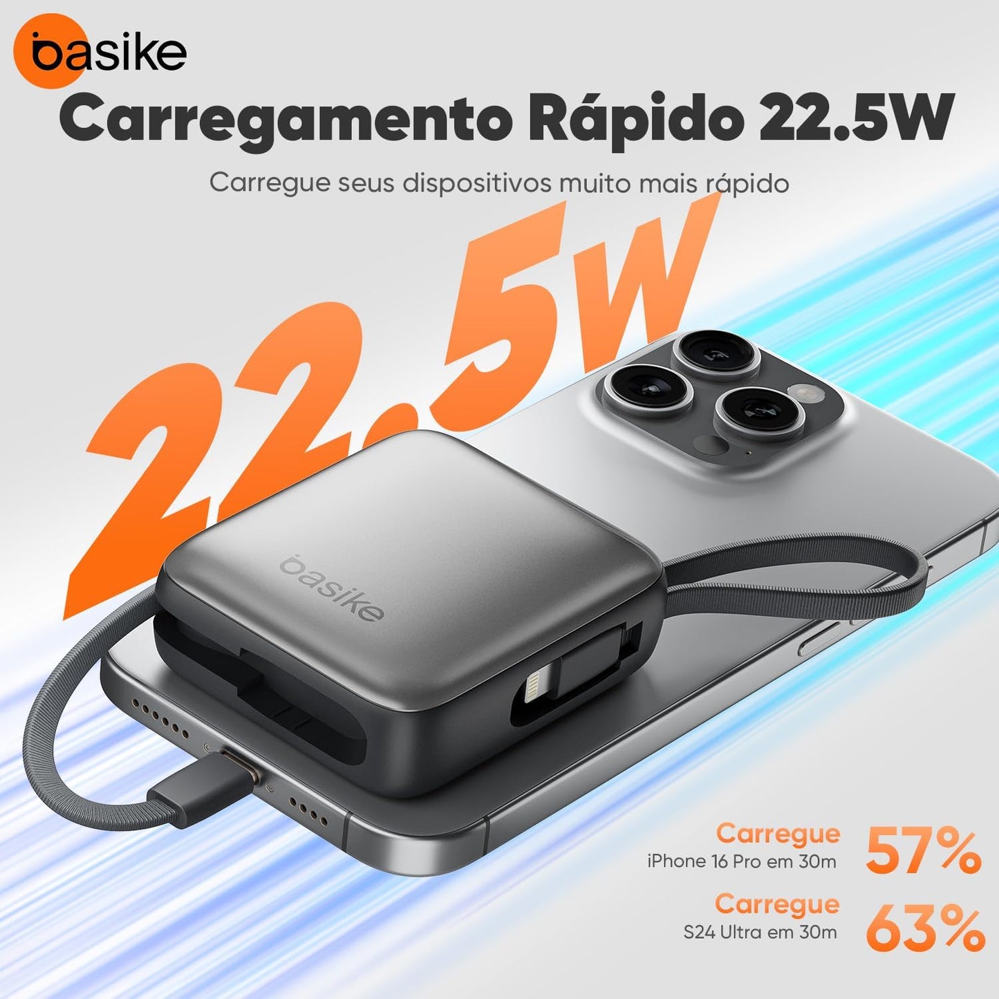 Basike Carregador Portátil 10000mAh, Mini Power Bank com Cabos Integrados, Carregamento Rápido 22.5W(MAX), Pequeno, Led Indicador de Bateria para iPhone/Samsung/Huawei/Xiaomi, etc (Cinza)