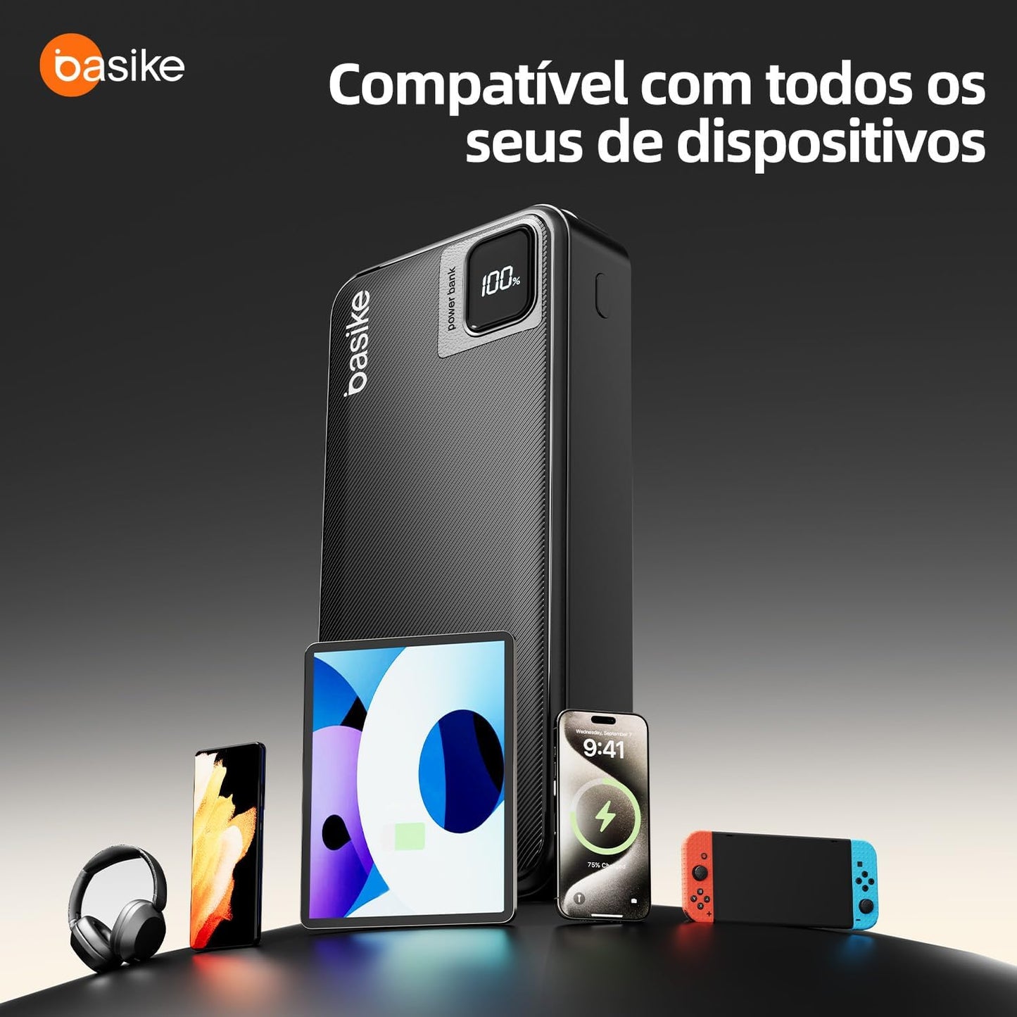 Basike Power Bank, Carregador Portátil Universal 20000mAh, USB-A(até 22.5W)+USB-C(até PD20W), com 2 Cabos Integrados (USB-C, Lightning) Carregamento Rápido, Led Indicador de Bateria (Preto)