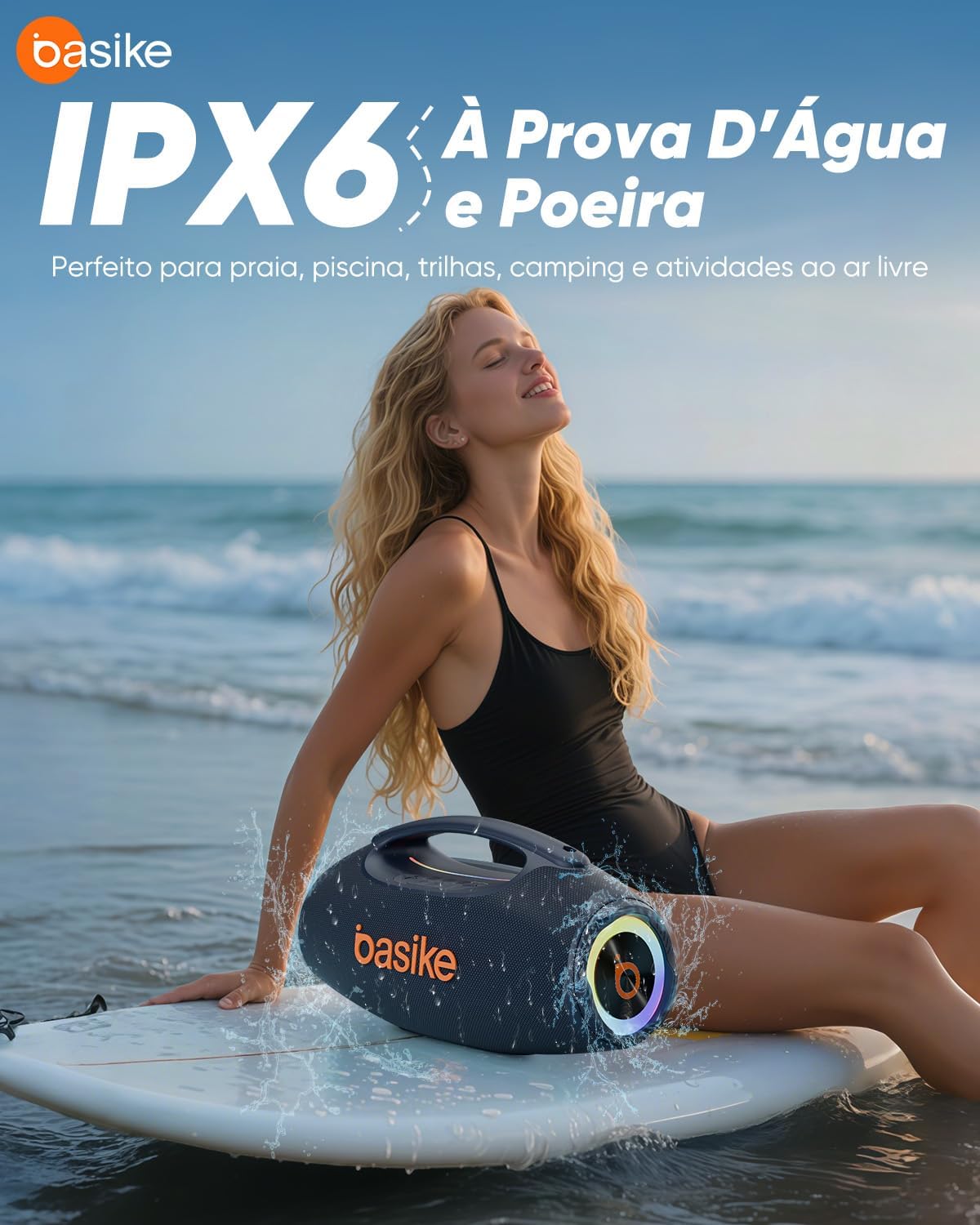 Basike Caixa de Som Bluetooth Portátil 80W RMS (Pico 120W), TWS Estéreo, Modos EQ, Luzes RGB, IPX6 Resistente à Água, Bateria 8000mAh, para Home Theater, Festa e Uso Externo – Preto