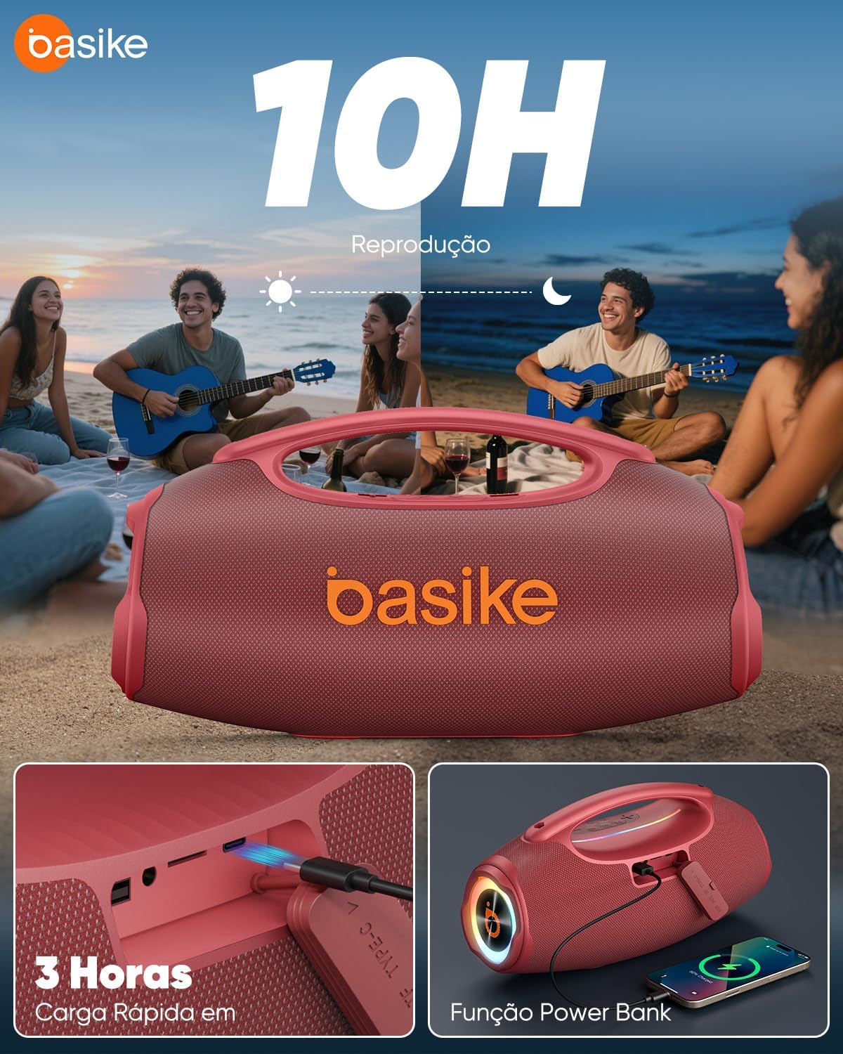 Basike Caixa de Som Bluetooth Portátil 80W RMS (Pico 120W), TWS Estéreo, Modos EQ, Luzes RGB, IPX6 Resistente à Água, Bateria 8000mAh, para Home Theater, Festa e Uso Externo – Preto