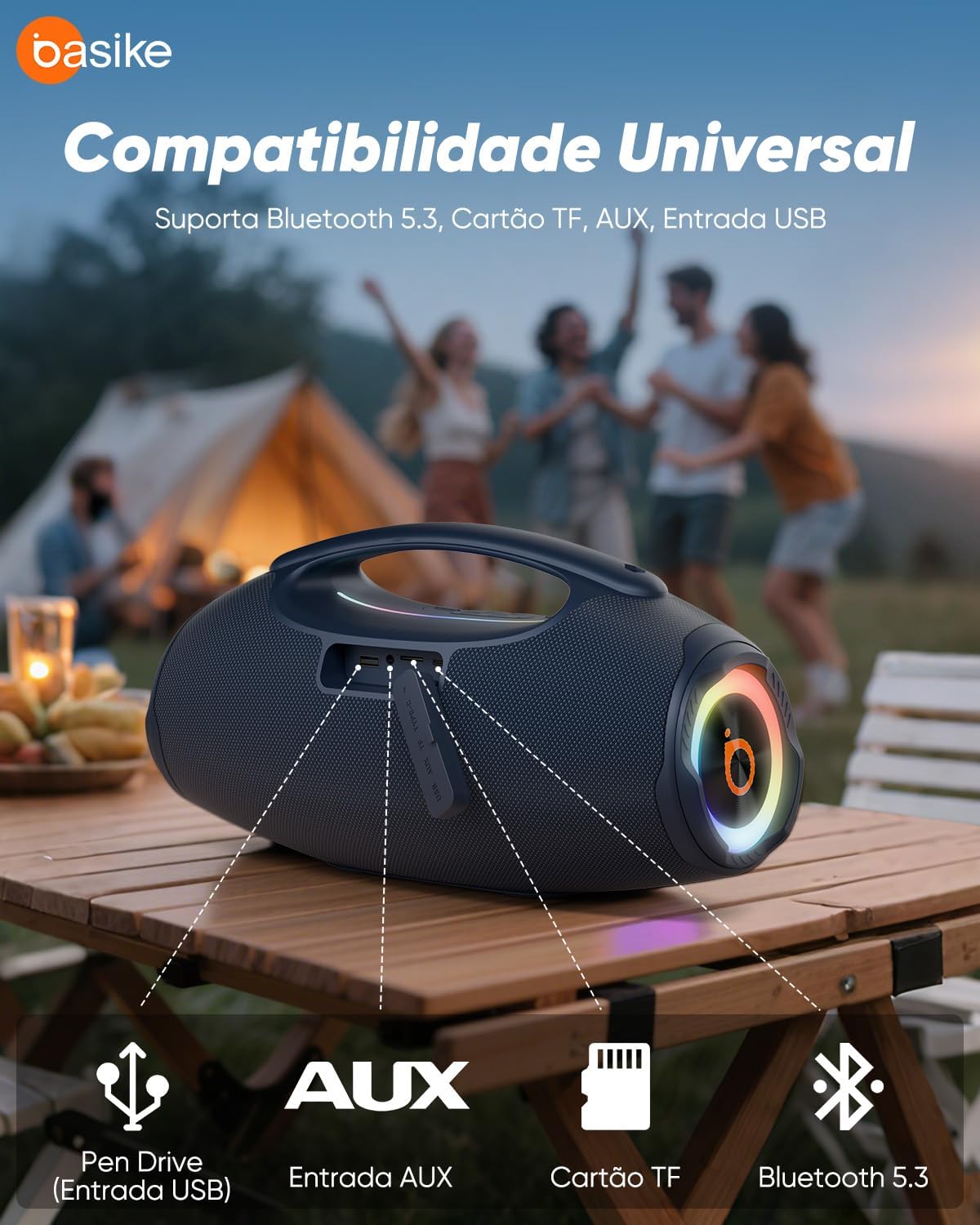 Basike Caixa de Som Bluetooth Portátil 80W RMS (Pico 120W), TWS Estéreo, Modos EQ, Luzes RGB, IPX6 Resistente à Água, Bateria 8000mAh, para Home Theater, Festa e Uso Externo – Preto