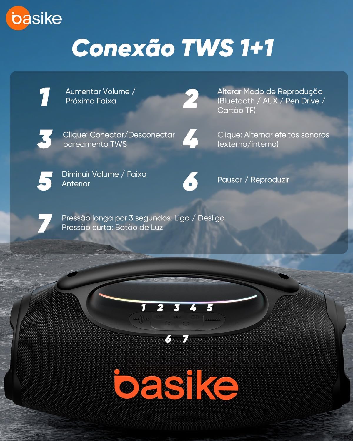 Basike Caixa de Som Bluetooth Portátil 80W RMS (Pico 120W), TWS Estéreo, Modos EQ, Luzes RGB, IPX6 Resistente à Água, Bateria 8000mAh, para Home Theater, Festa e Uso Externo – Preto