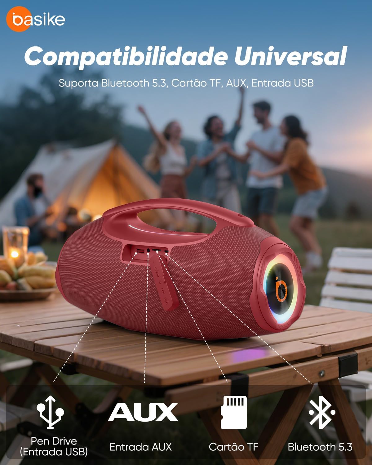 Basike Caixa de Som Bluetooth Portátil 80W RMS (Pico 120W), TWS Estéreo, Modos EQ, Luzes RGB, IPX6 Resistente à Água, Bateria 8000mAh, para Home Theater, Festa e Uso Externo – Preto