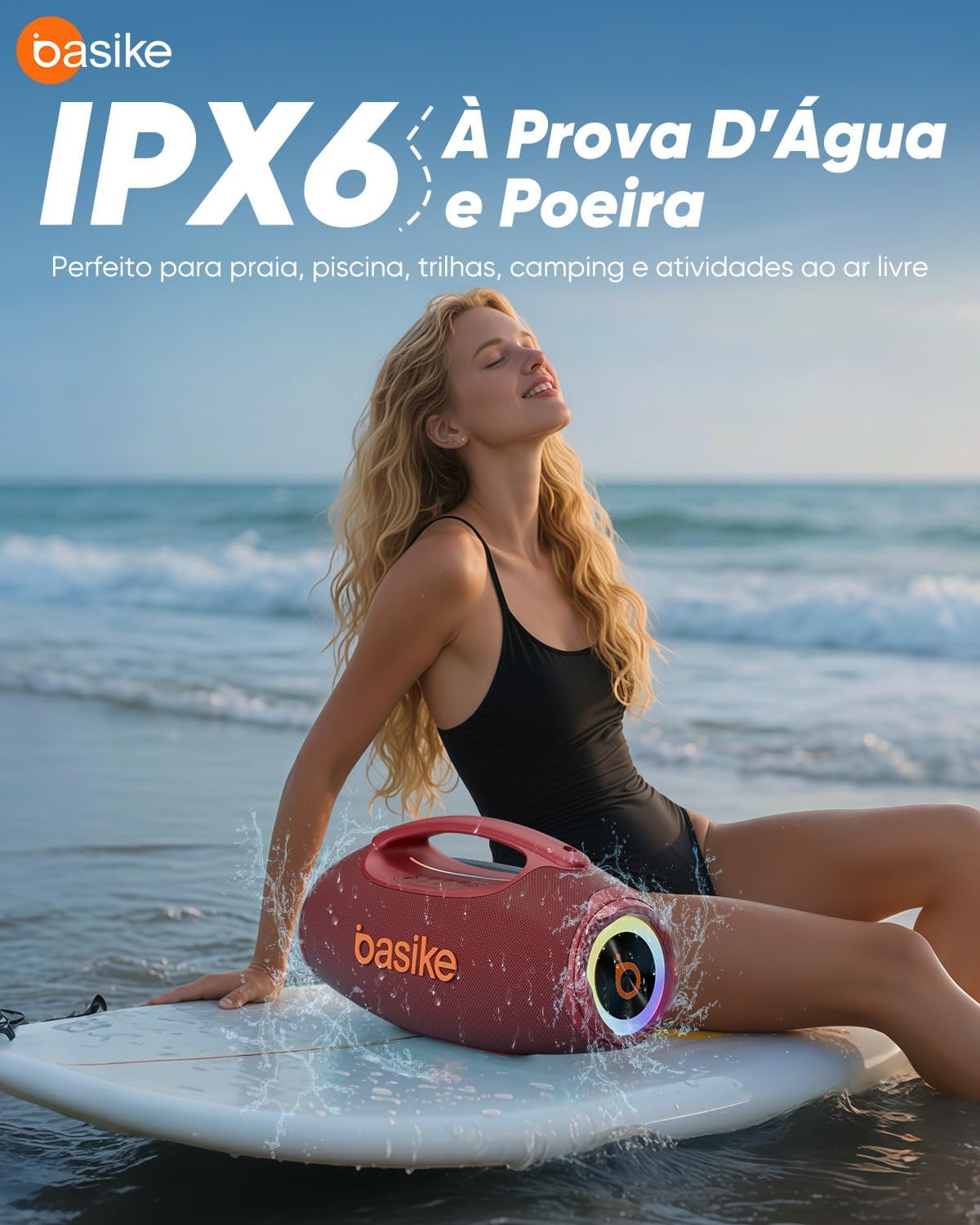 Basike Caixa de Som Bluetooth Portátil 80W RMS (Pico 120W), TWS Estéreo, Modos EQ, Luzes RGB, IPX6 Resistente à Água, Bateria 8000mAh, para Home Theater, Festa e Uso Externo – Preto
