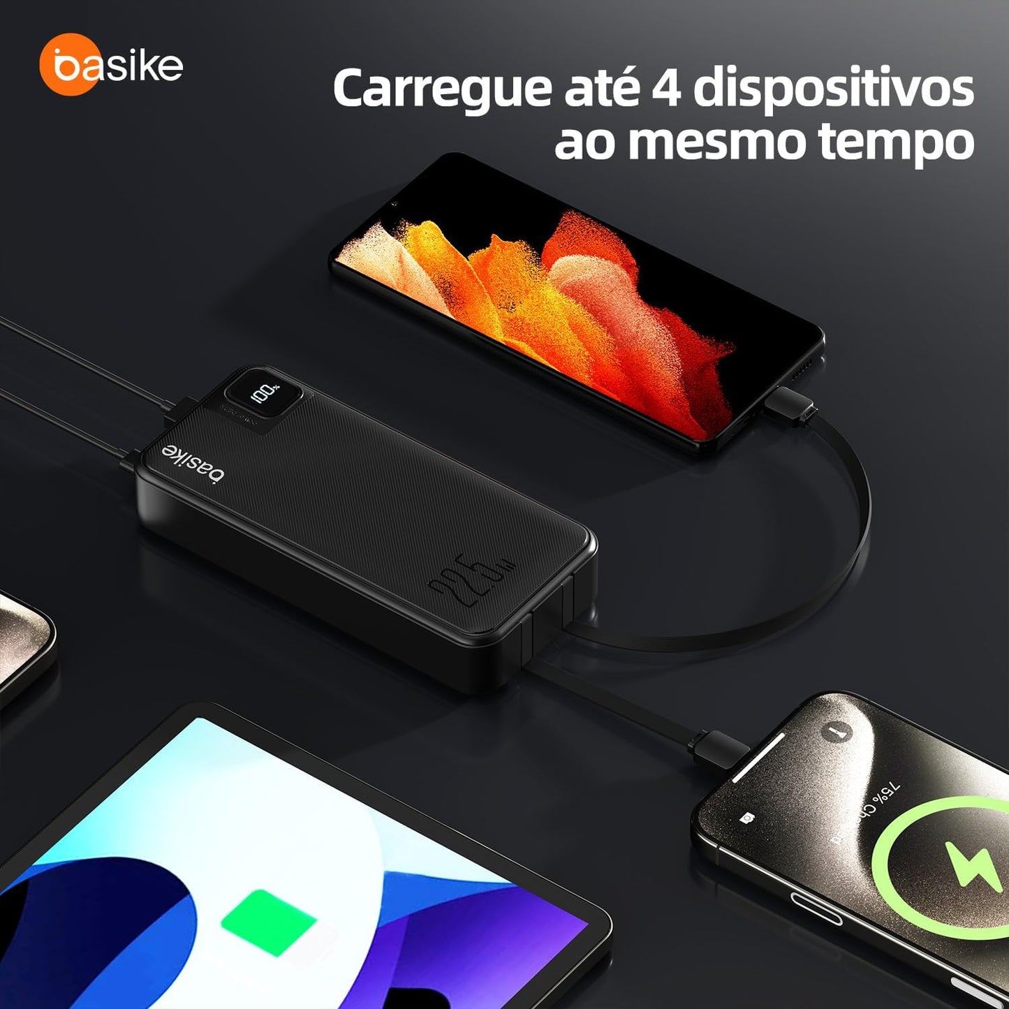 Basike Power Bank, Carregador Portátil Universal 20000mAh, USB-A(até 22.5W)+USB-C(até PD20W), com 2 Cabos Integrados (USB-C, Lightning) Carregamento Rápido, Led Indicador de Bateria (Preto)