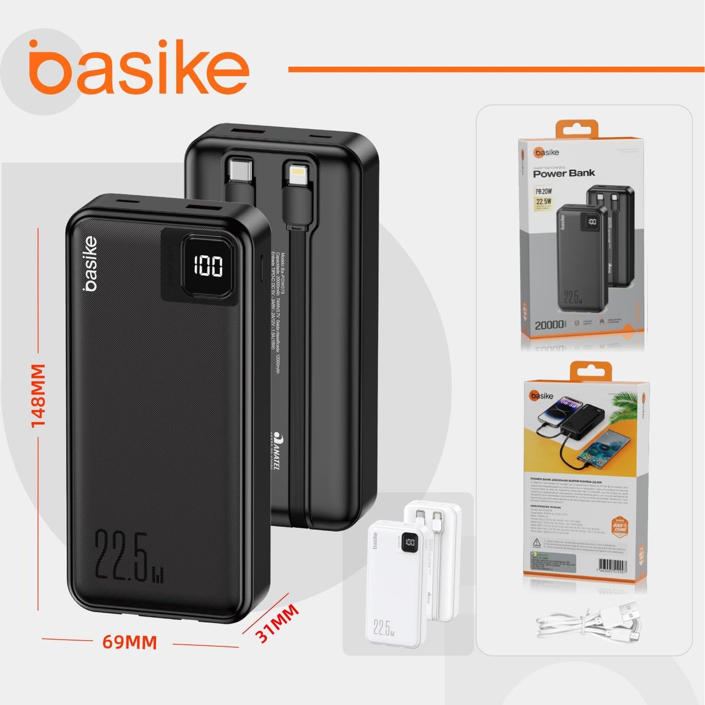 Basike Power Bank, Carregador Portátil Universal 20000mAh, USB-A(até 22.5W)+USB-C(até PD20W), com 2 Cabos Integrados (USB-C, Lightning) Carregamento Rápido, Led Indicador de Bateria (Preto)