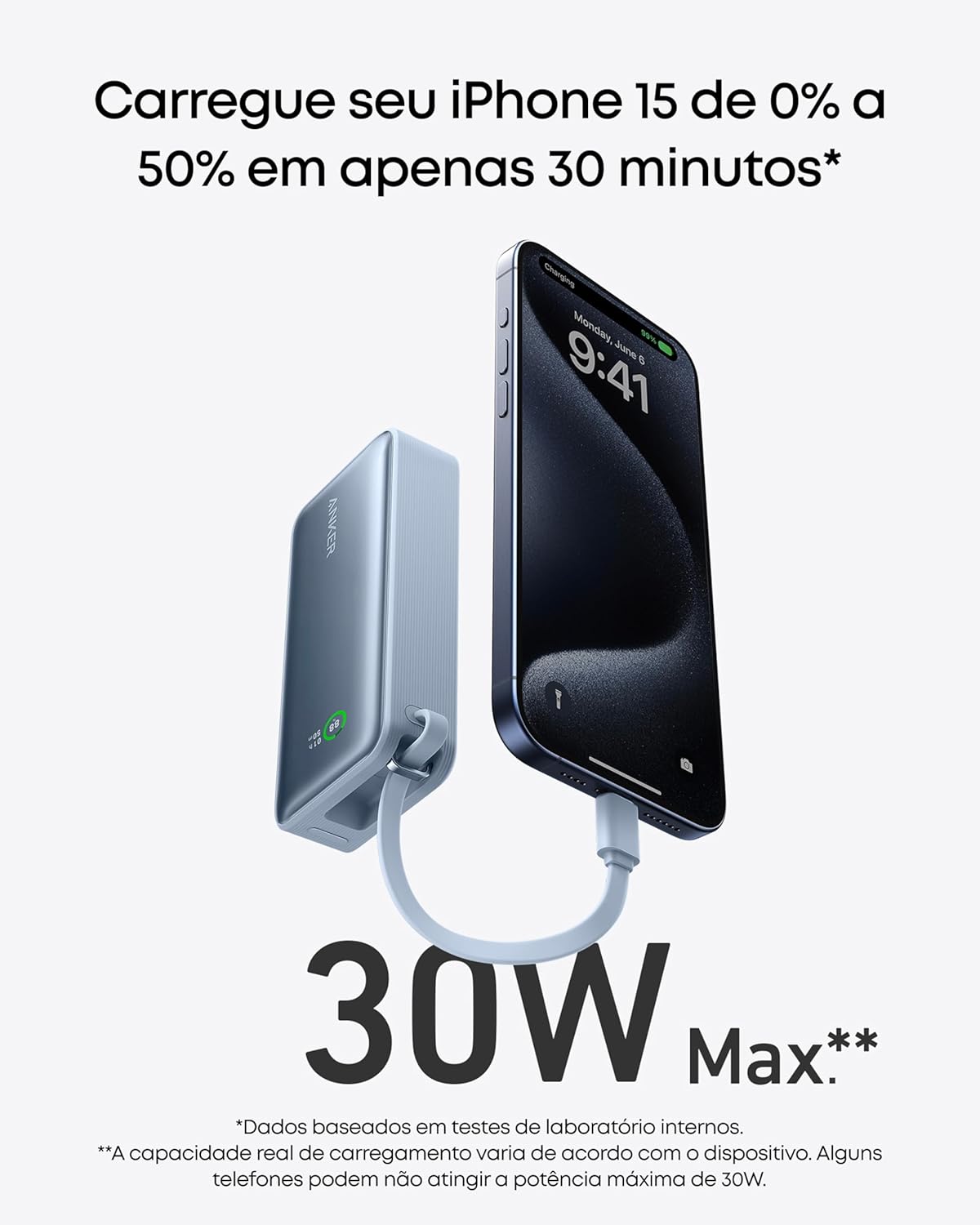 Anker Nano Power Bank, Carregador Portátil de 10.000 mAh com Cabo USB-C Integrado, Saída Máxima de 30W, para iPhone 17/iPhone 16/Série 15, MacBook, AirPods e Mais, Preto