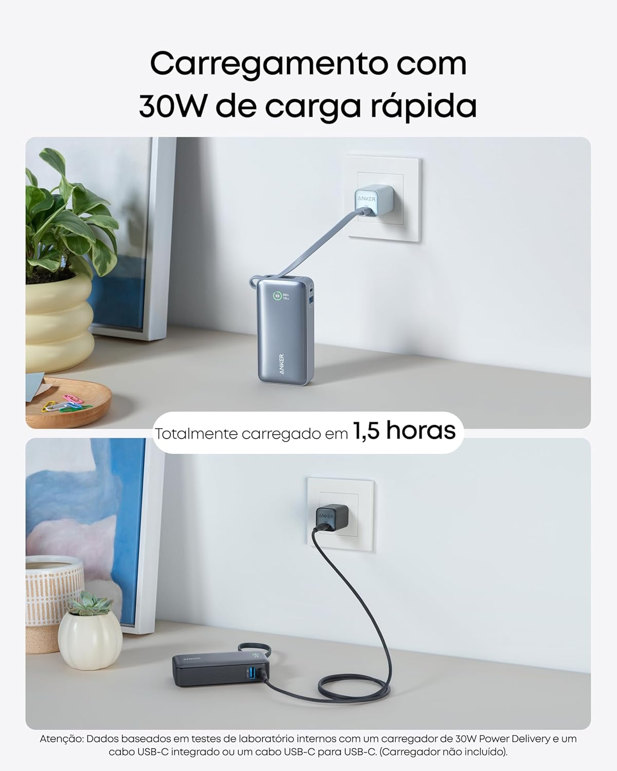 Anker Nano Power Bank, Carregador Portátil de 10.000 mAh com Cabo USB-C Integrado, Saída Máxima de 30W, para iPhone 17/iPhone 16/Série 15, MacBook, AirPods e Mais, Preto