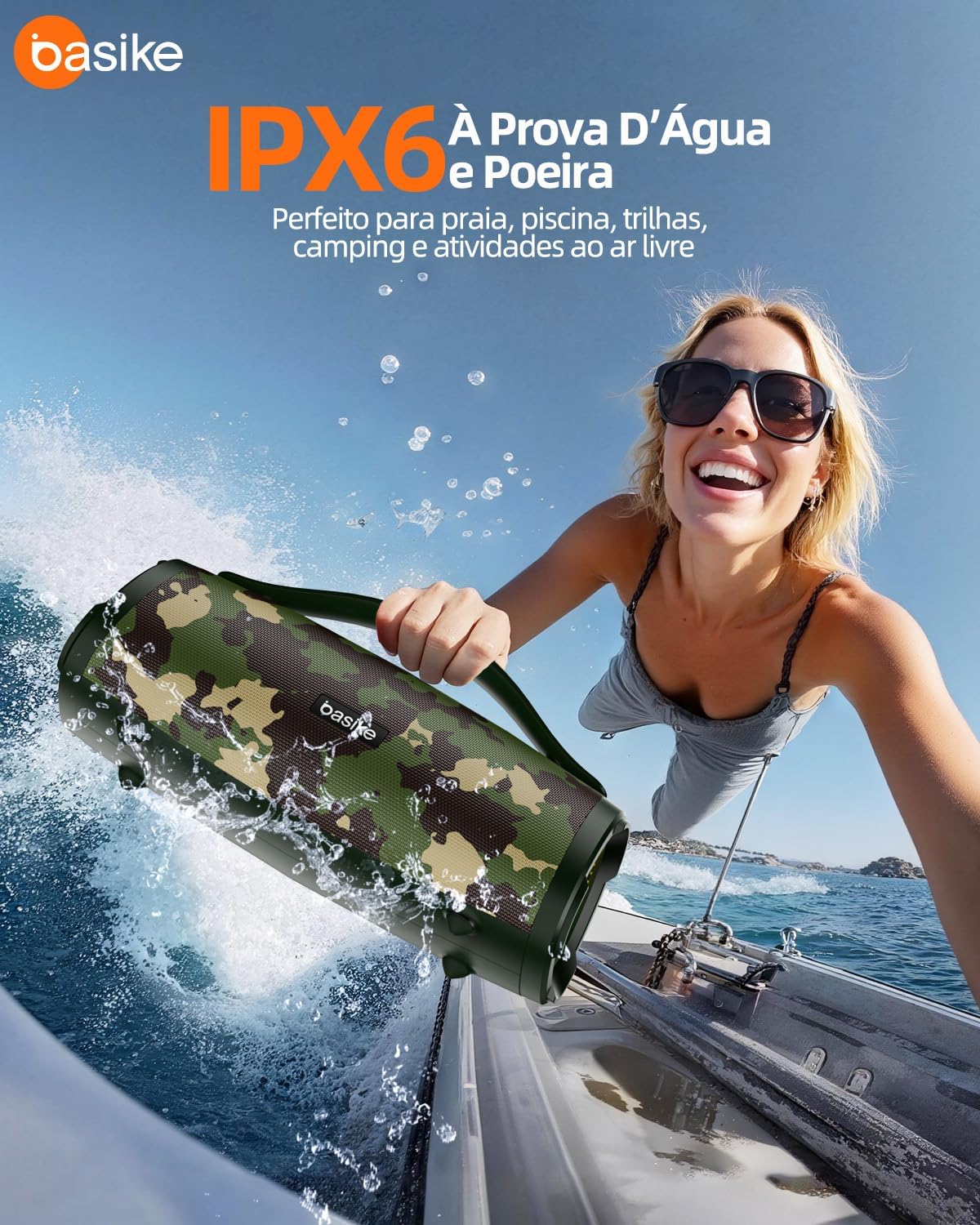 Basike Caixa de Som Bluetooth Portátil 100W RMS (160W Pico), TWS Estéreo, EQ, Microfone Integrado, Luzes RGB, IPX6 Resistente à Água, 12h de Bateria para Home Theater, Festa e Exterior – Preto