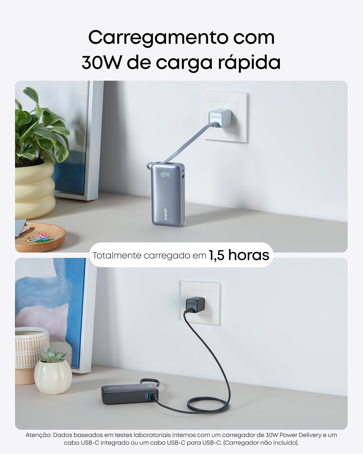 Anker Nano Power Bank, Carregador Portátil de 10.000 mAh com Cabo USB-C Integrado, Saída Máxima de 30W, para iPhone 17/iPhone 16/Série 15, MacBook, AirPods e Mais, Preto
