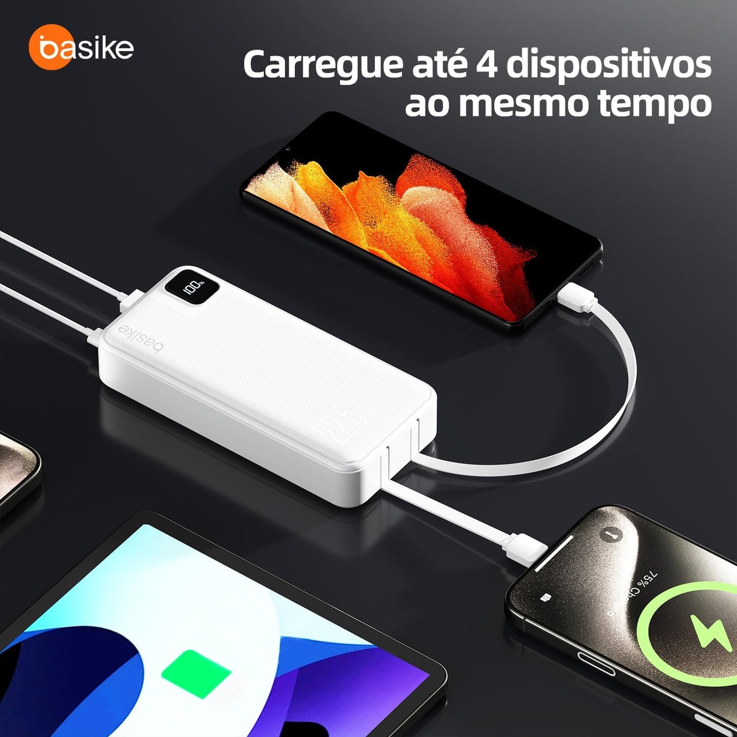 Basike Power Bank, Carregador Portátil Universal 20000mAh, USB-A(até 22.5W)+USB-C(até PD20W), com 2 Cabos Integrados (USB-C, Lightning) Carregamento Rápido, Led Indicador de Bateria (Preto)