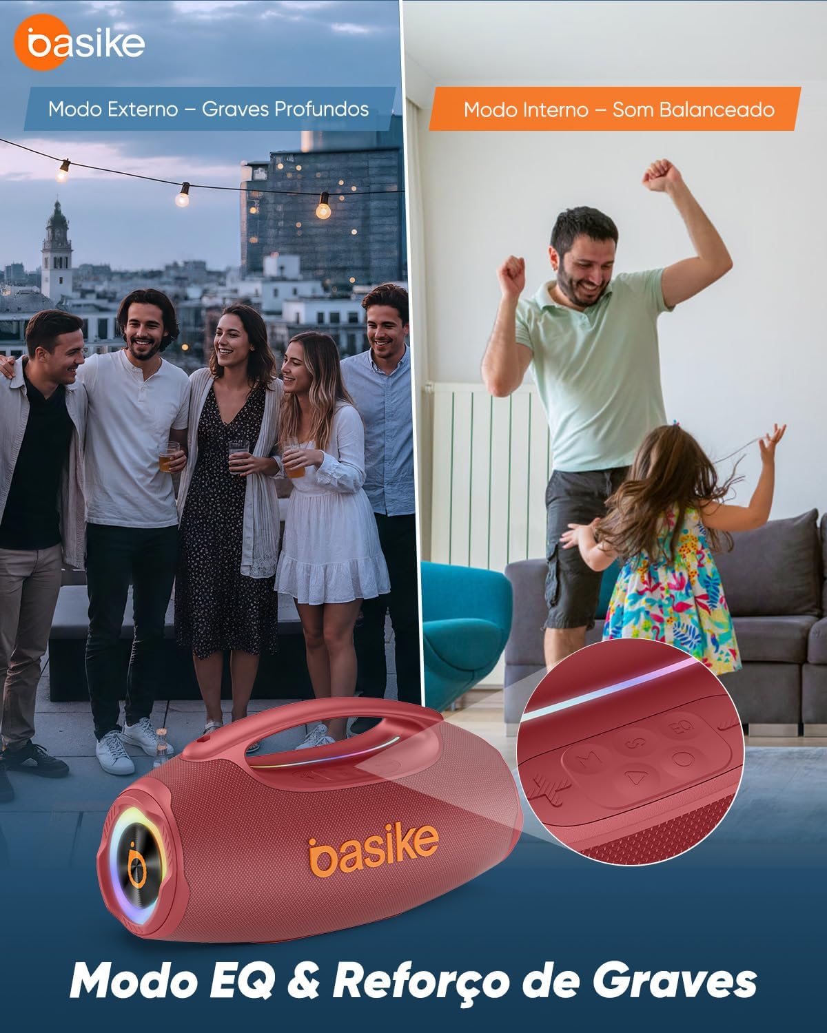 Basike Caixa de Som Bluetooth Portátil 80W RMS (Pico 120W), TWS Estéreo, Modos EQ, Luzes RGB, IPX6 Resistente à Água, Bateria 8000mAh, para Home Theater, Festa e Uso Externo – Preto