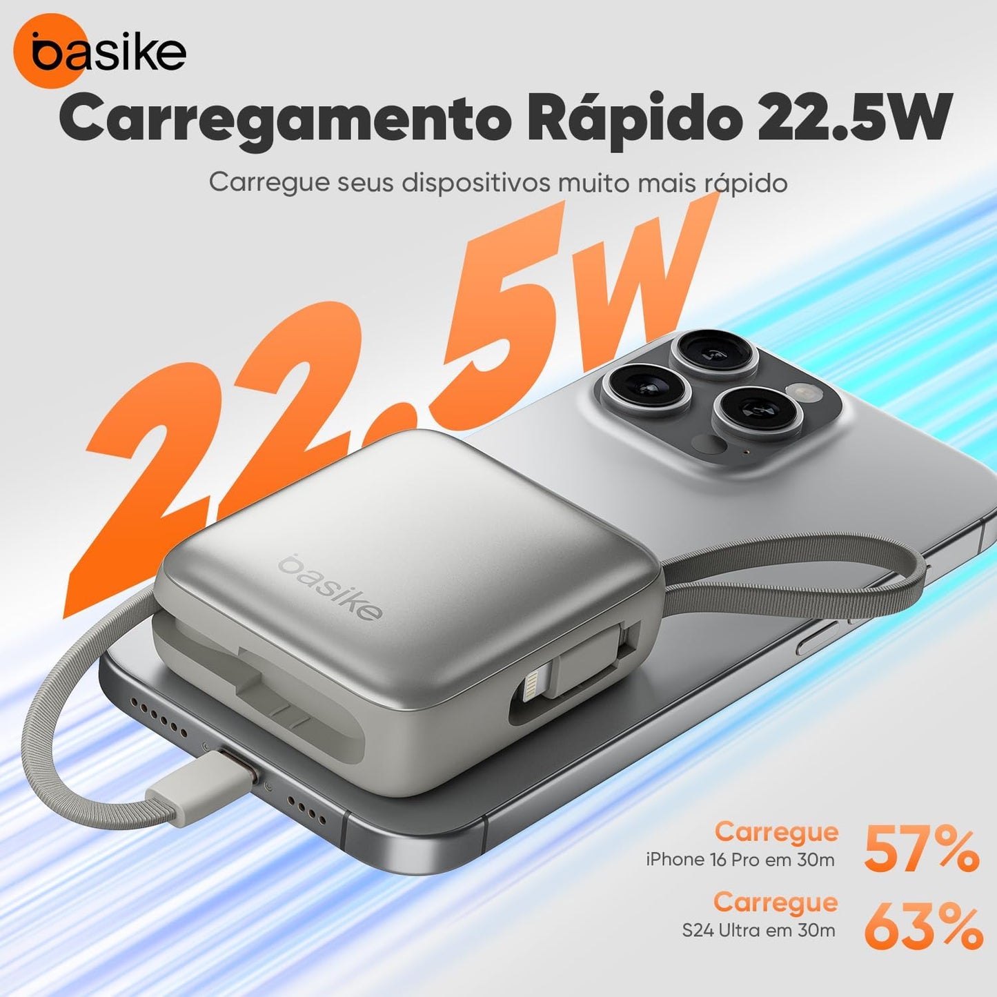 Basike Carregador Portátil 10000mAh, Mini Power Bank com Cabos Integrados, Carregamento Rápido 22.5W(MAX), Pequeno, Led Indicador de Bateria para iPhone/Samsung/Huawei/Xiaomi, etc (Cinza)