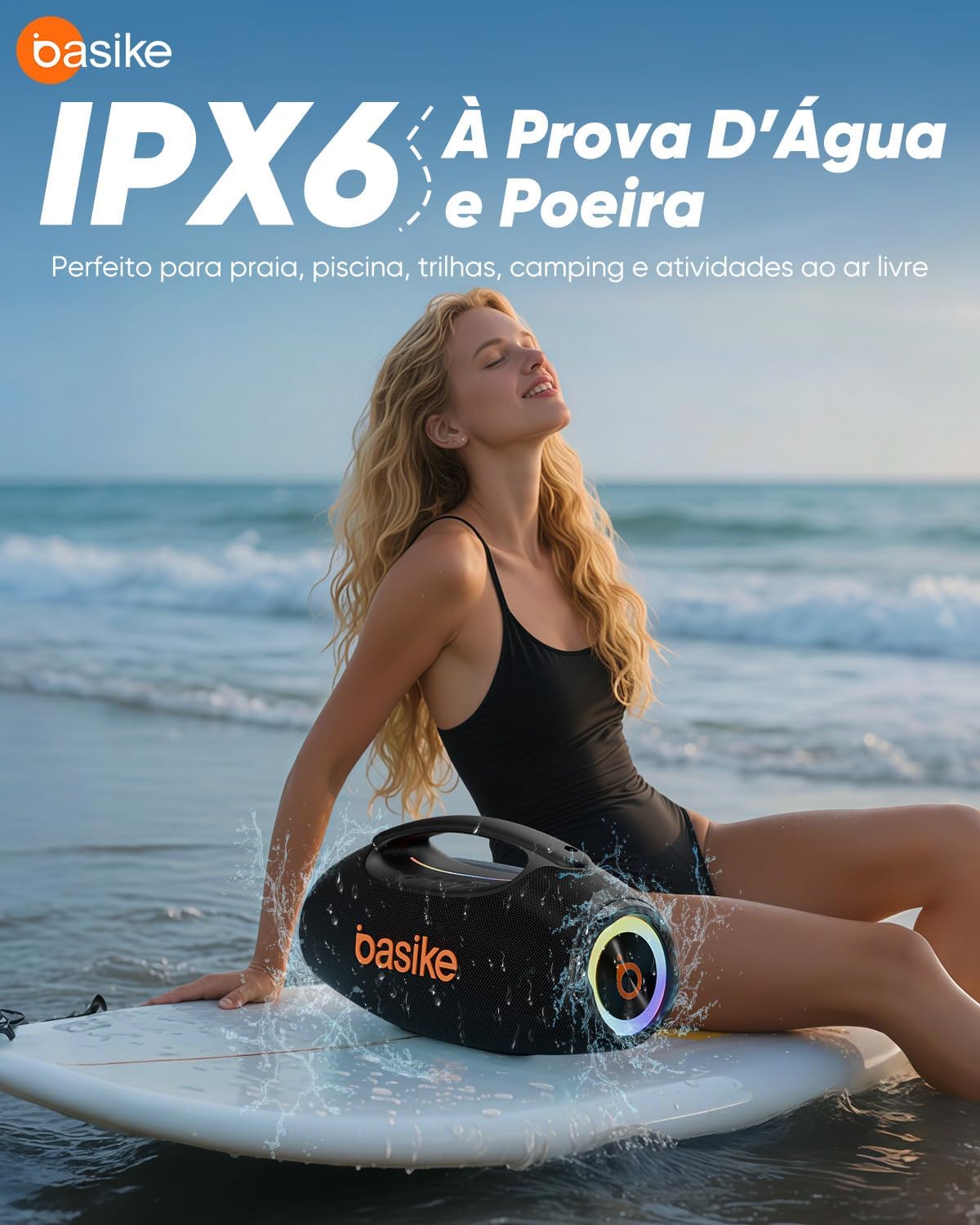 Basike Caixa de Som Bluetooth Portátil 80W RMS (Pico 120W), TWS Estéreo, Modos EQ, Luzes RGB, IPX6 Resistente à Água, Bateria 8000mAh, para Home Theater, Festa e Uso Externo – Preto