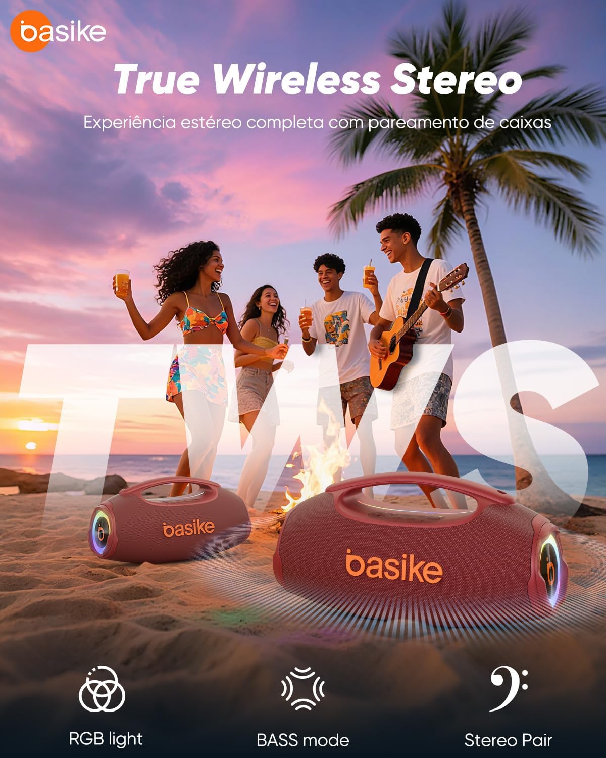 Basike Caixa de Som Bluetooth Portátil 80W RMS (Pico 120W), TWS Estéreo, Modos EQ, Luzes RGB, IPX6 Resistente à Água, Bateria 8000mAh, para Home Theater, Festa e Uso Externo – Preto