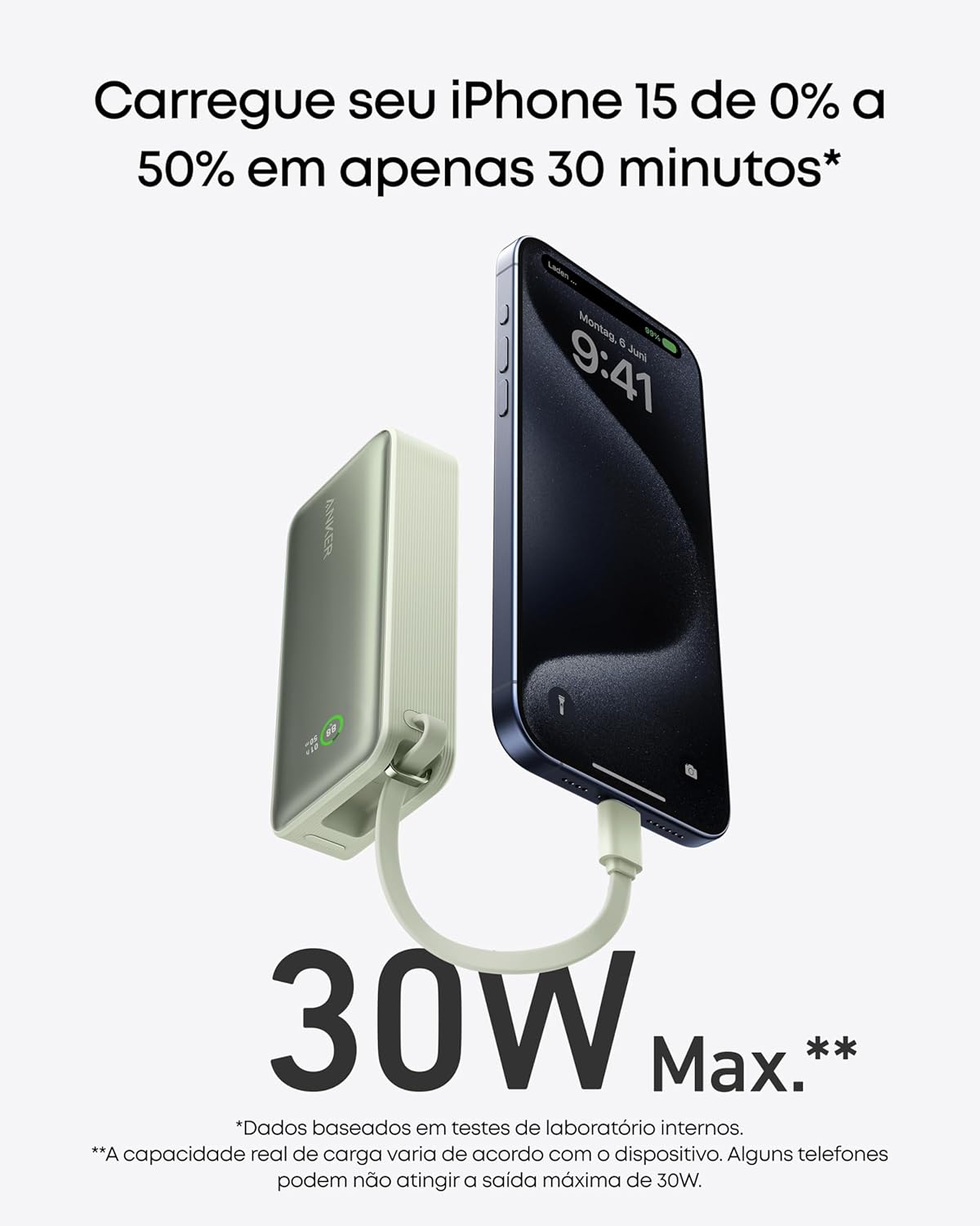 Anker Nano Power Bank, Carregador Portátil de 10.000 mAh com Cabo USB-C Integrado, Saída Máxima de 30W, para iPhone 17/iPhone 16/Série 15, MacBook, AirPods e Mais, Preto