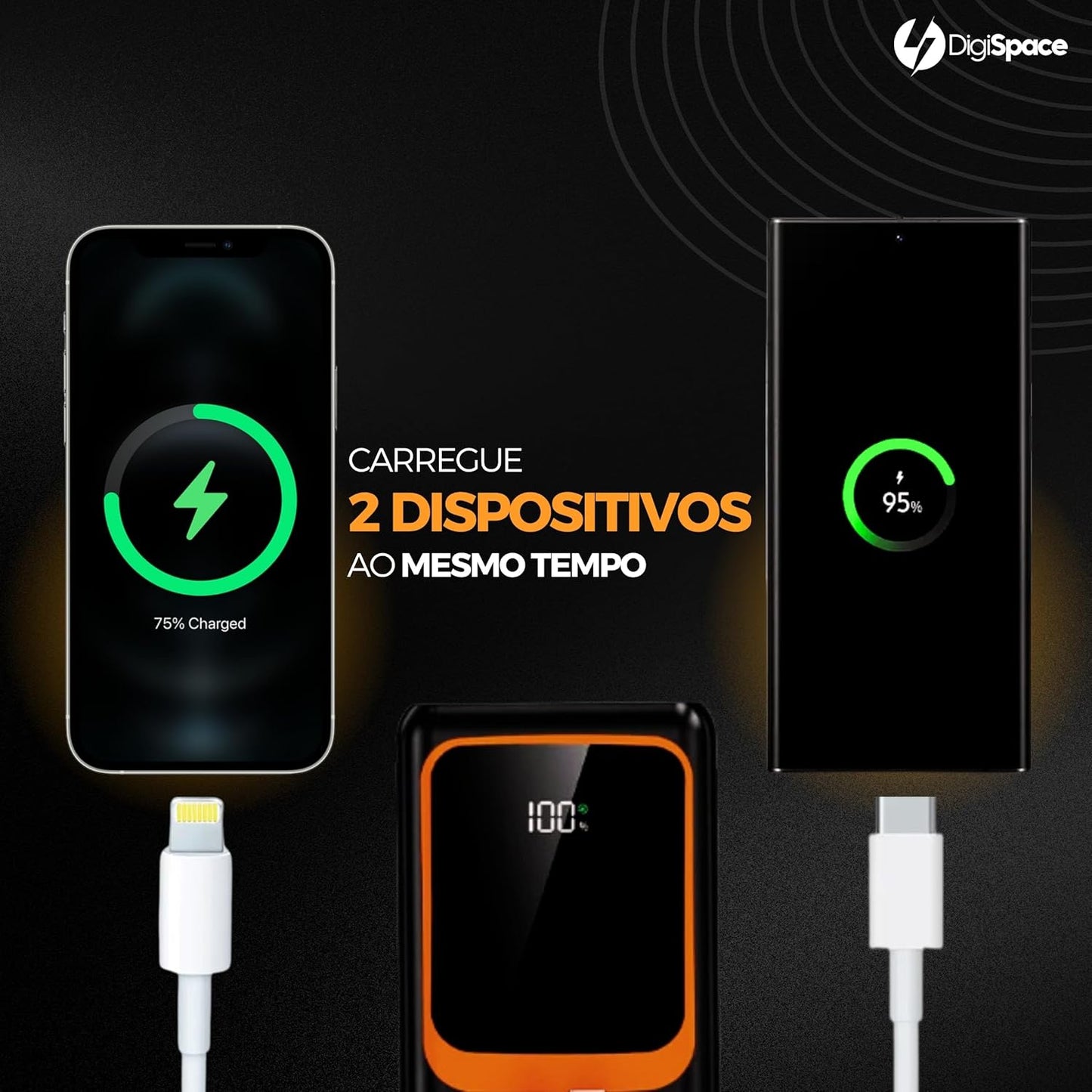 Carregador Portátil (Power Bank) 20000Mah Turbo 22.5w Carregamento Ultra Rápido PD Visor Led com 2 Saídas Compatível com Android e IOS (Preto)