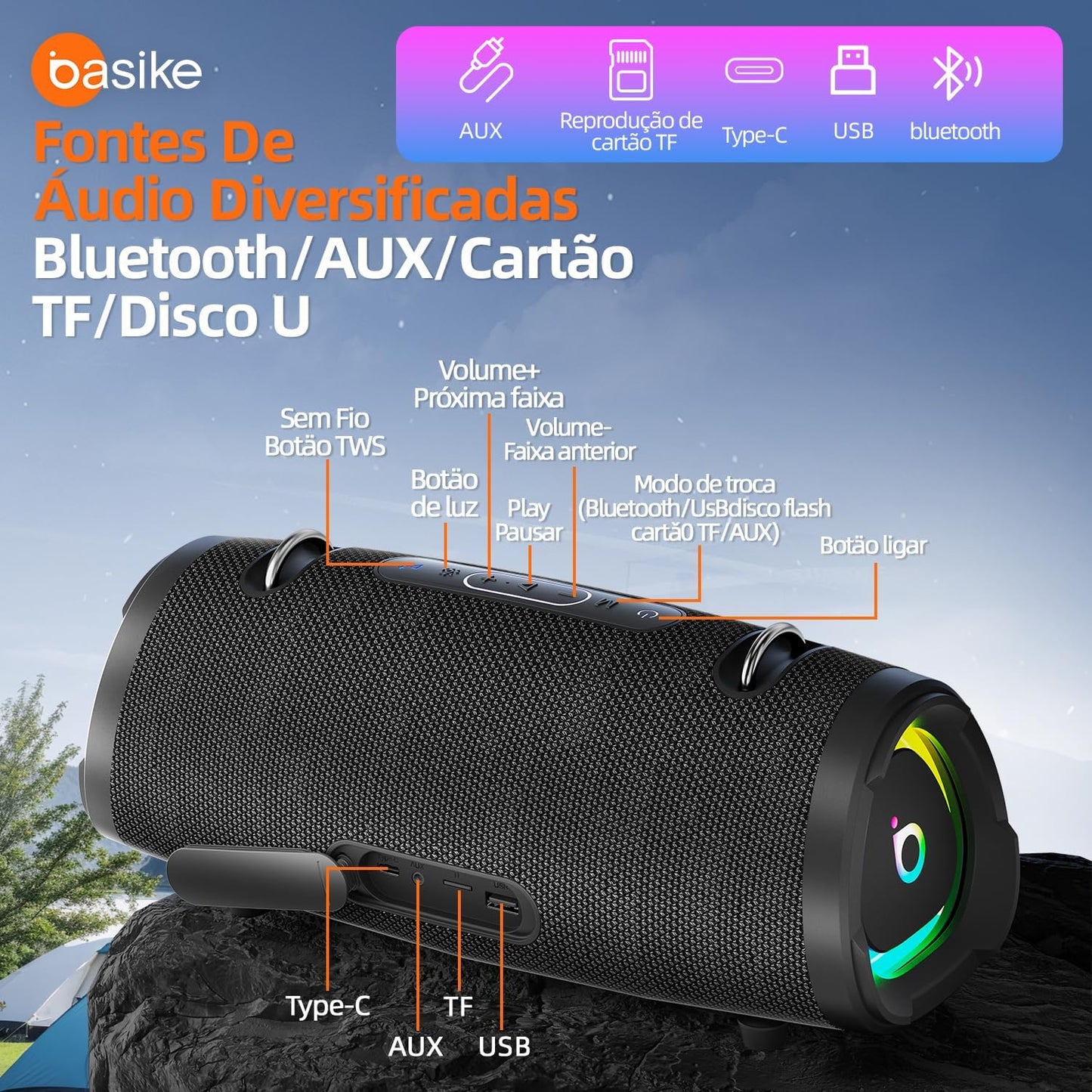 Basike Caixa de Som Bluetooth Portátil 100W RMS (160W Pico), TWS Estéreo, EQ, Microfone Integrado, Luzes RGB, IPX6 Resistente à Água, 12h de Bateria para Home Theater, Festa e Exterior – Preto