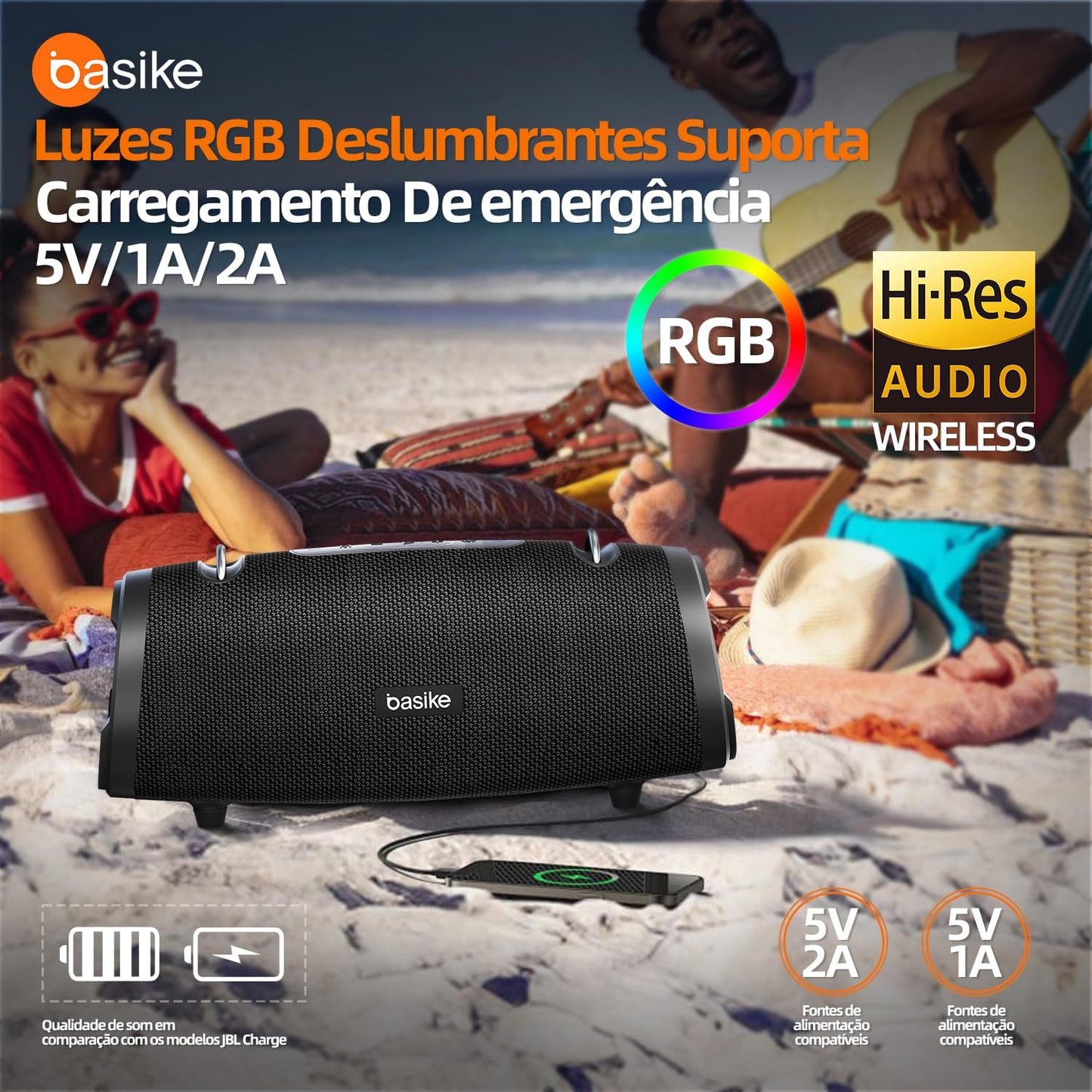 Basike Caixa de Som Bluetooth Portátil 100W RMS (160W Pico), TWS Estéreo, EQ, Microfone Integrado, Luzes RGB, IPX6 Resistente à Água, 12h de Bateria para Home Theater, Festa e Exterior – Preto