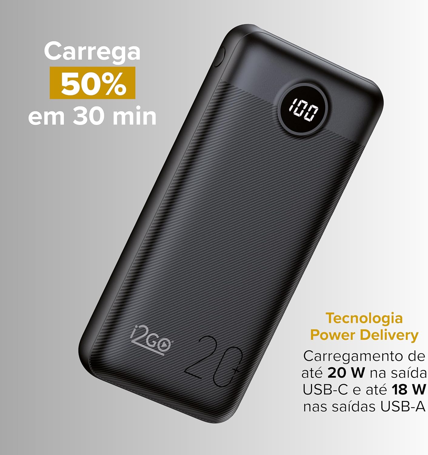 I2GO, Carregador Portátil (Power Bank) Ultra Rápido 20000mAh, Power Delivery 20W, 2 Saídas USB + 1 Saída/Entrada USB-C, Preto, i2GO PRO