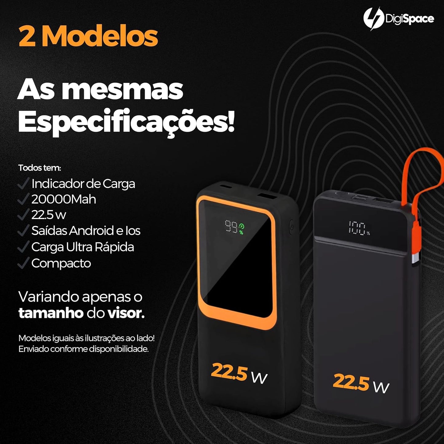 Carregador Portátil (Power Bank) 20000Mah Turbo 22.5w Carregamento Ultra Rápido PD Visor Led com 2 Saídas Compatível com Android e IOS (Preto)