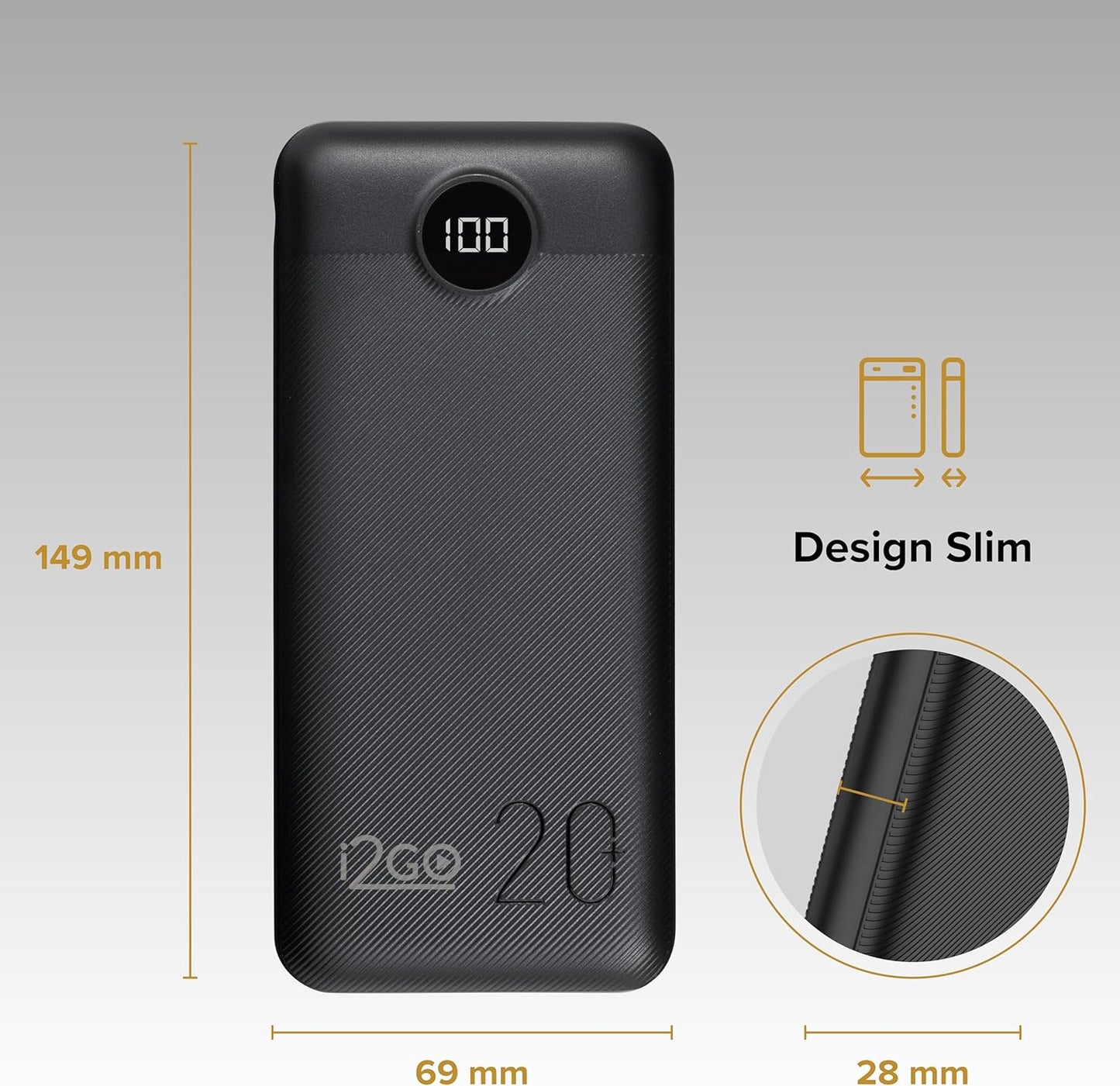 I2GO, Carregador Portátil (Power Bank) Ultra Rápido 20000mAh, Power Delivery 20W, 2 Saídas USB + 1 Saída/Entrada USB-C, Preto, i2GO PRO