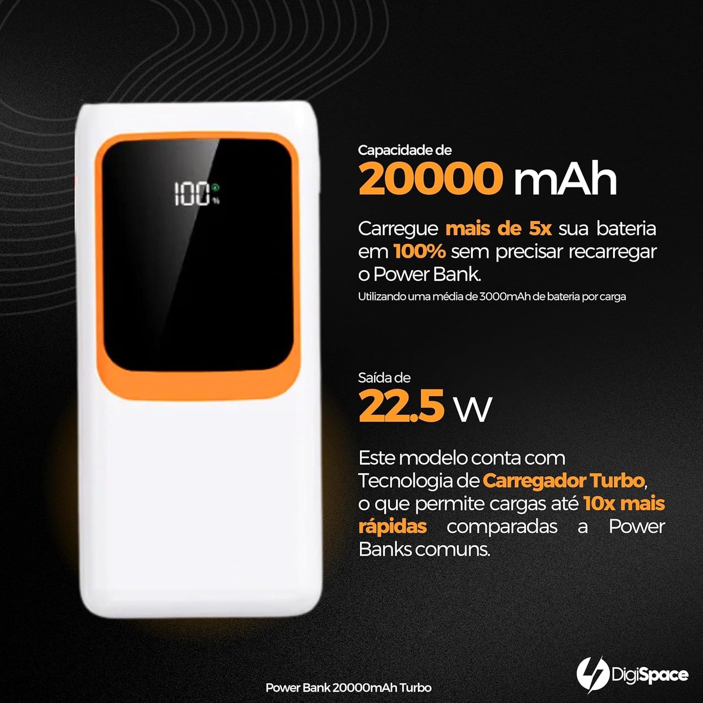 Carregador Portátil (Power Bank) 20000Mah Turbo 22.5w Carregamento Ultra Rápido PD Visor Led com 2 Saídas Compatível com Android e IOS (Preto)