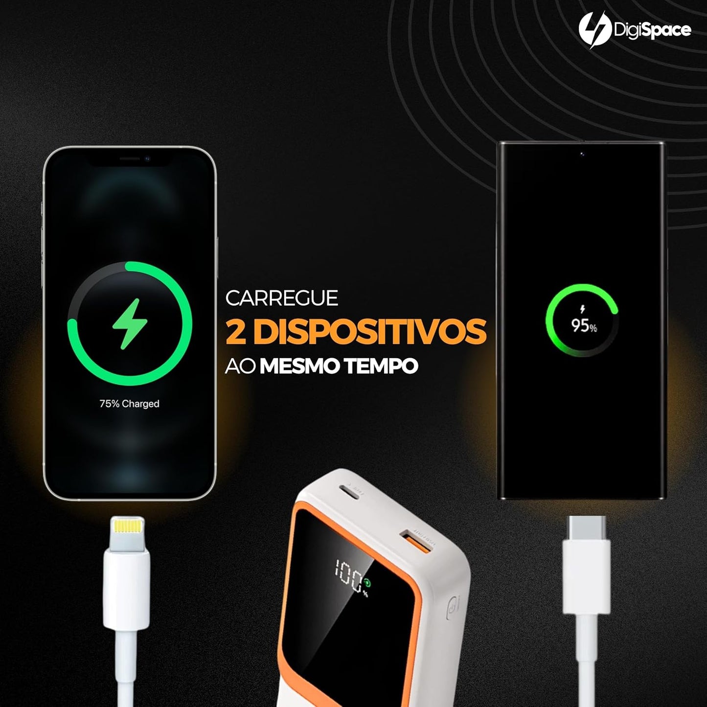 Carregador Portátil (Power Bank) 20000Mah Turbo 22.5w Carregamento Ultra Rápido PD Visor Led com 2 Saídas Compatível com Android e IOS (Preto)