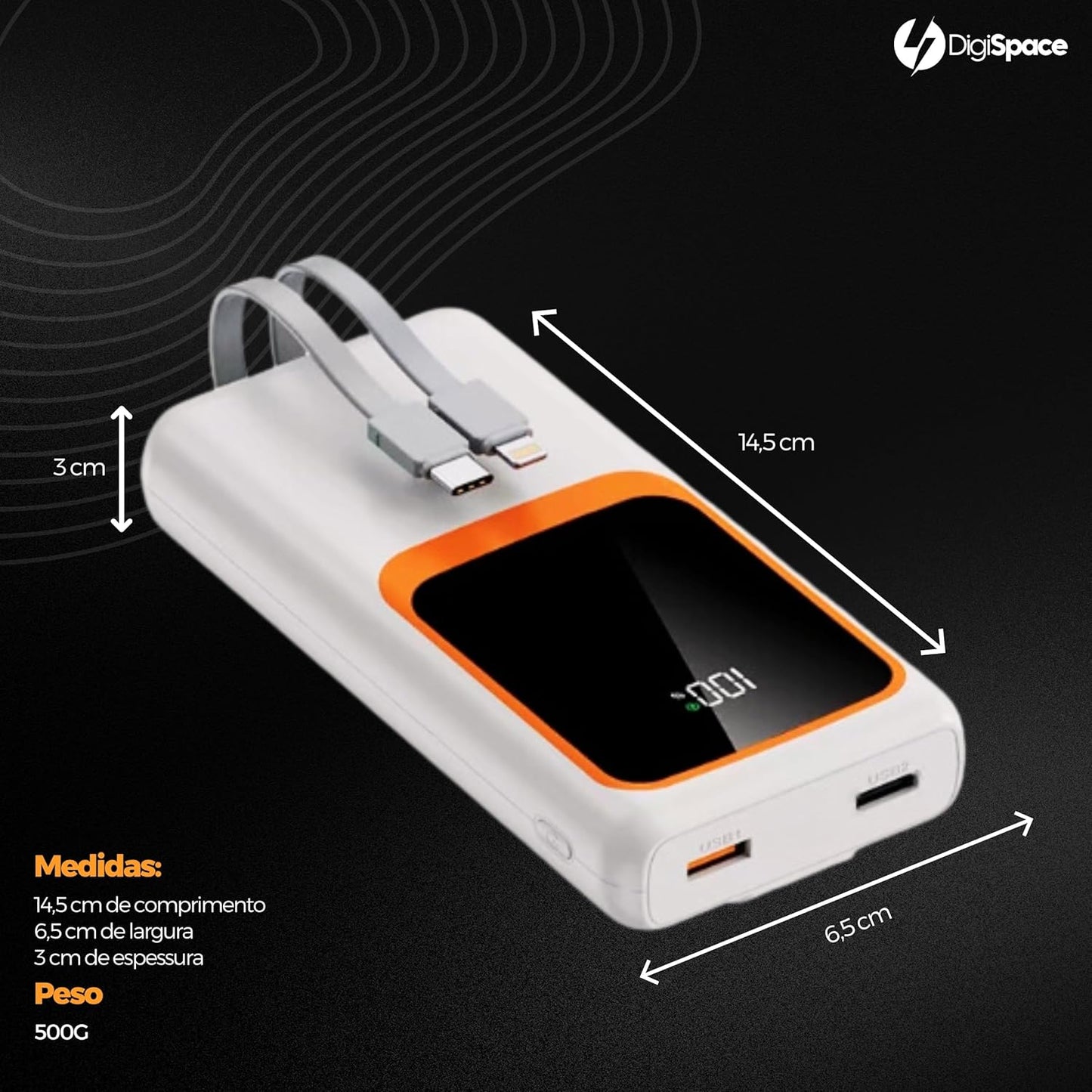 Carregador Portátil (Power Bank) 20000Mah Turbo 22.5w Carregamento Ultra Rápido PD Visor Led com 2 Saídas Compatível com Android e IOS (Preto)