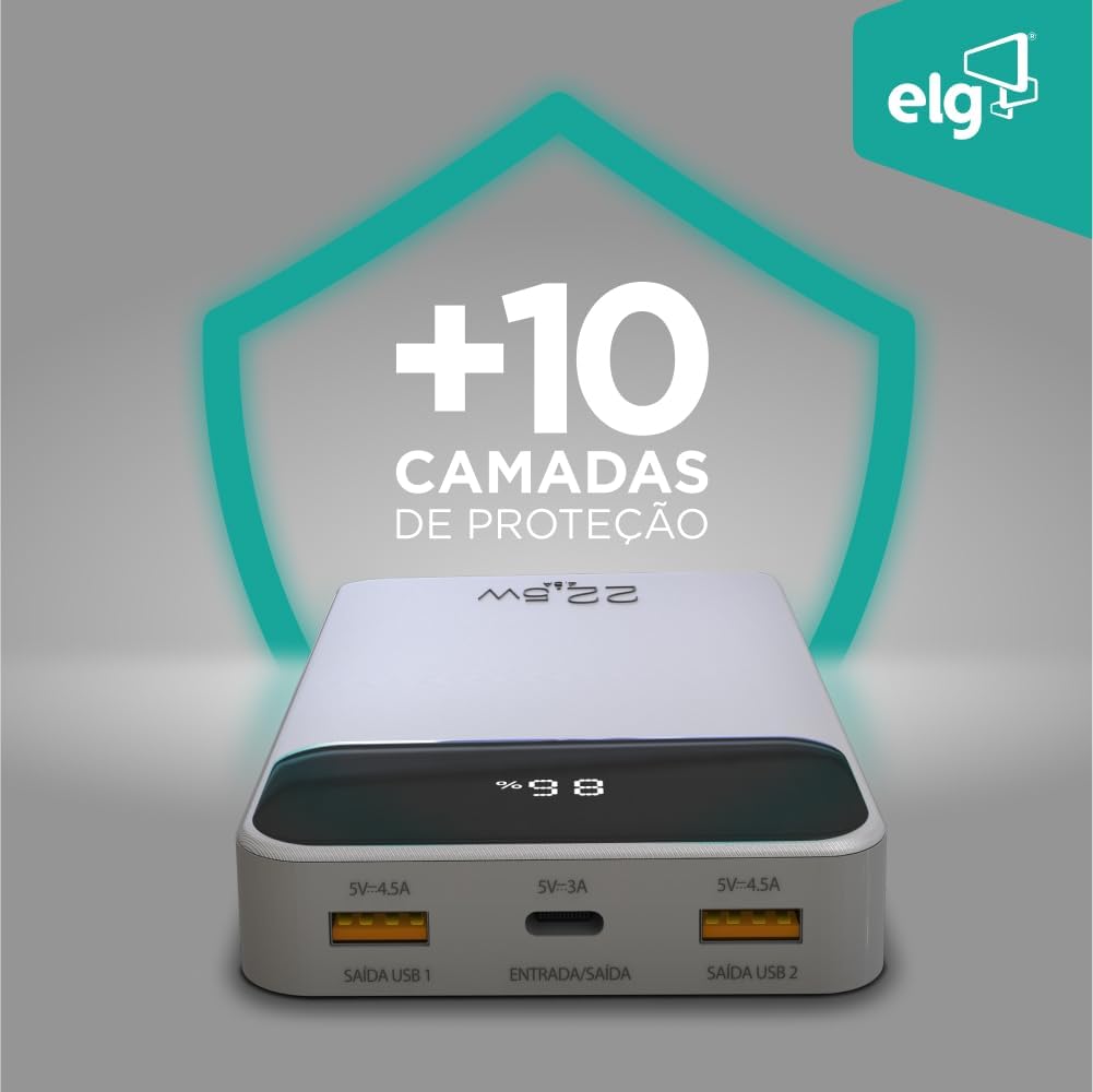 Power Bank 10200mAH, Bateria Portátil Universal, Carga Rápida, Display Indicador, Entradas Micro USB e USB-C, 2 Portas USB-A, Branco, PB102WH, ELG