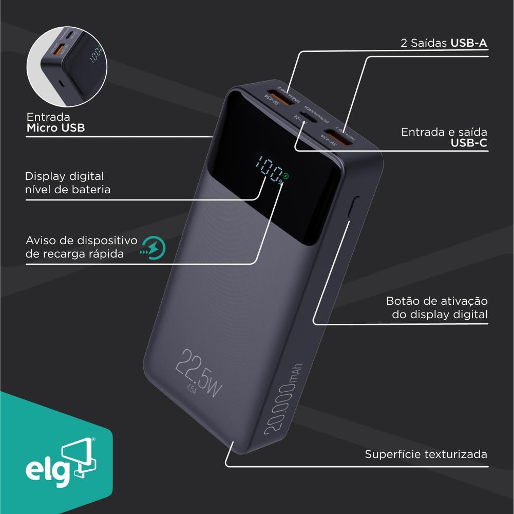 Power Bank Pro 20000mAH, Bateria Portátil Universal, Carga Rápida, Display Indicador, Entradas Micro USB e USB-C, 2 Portas USB-A, Preto, PB200BK, ELG