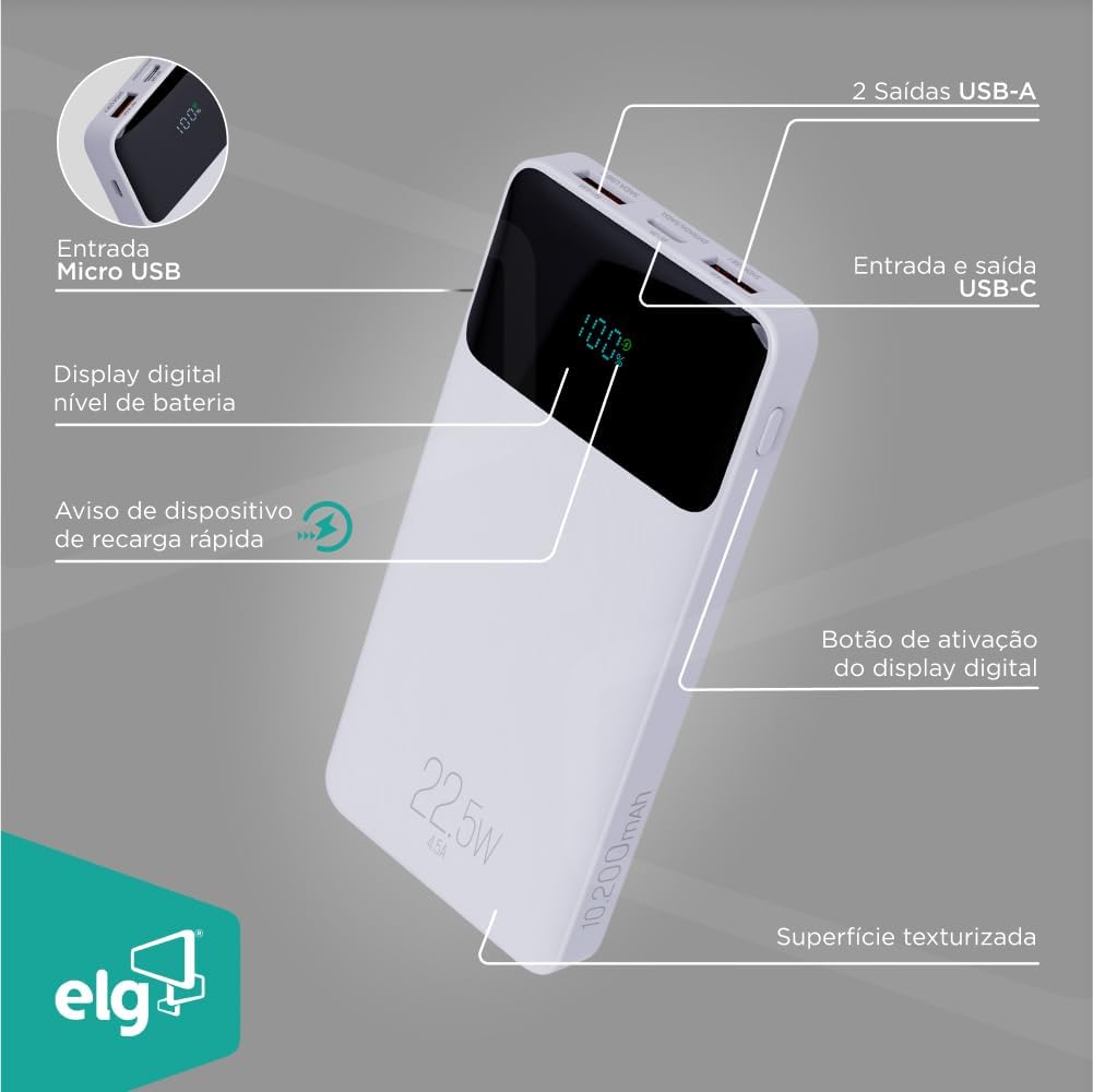 Power Bank 10200mAH, Bateria Portátil Universal, Carga Rápida, Display Indicador, Entradas Micro USB e USB-C, 2 Portas USB-A, Branco, PB102WH, ELG