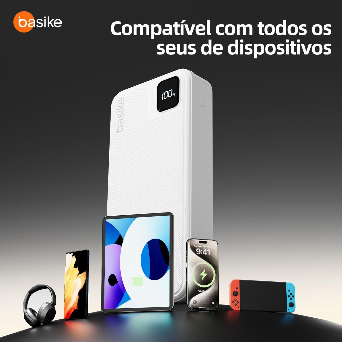 Basike Power Bank, Carregador Portátil Universal 20000mAh, USB-A(até 22.5W)+USB-C(até PD20W), com 2 Cabos Integrados (USB-C, Lightning) Carregamento Rápido, Led Indicador de Bateria (Preto)