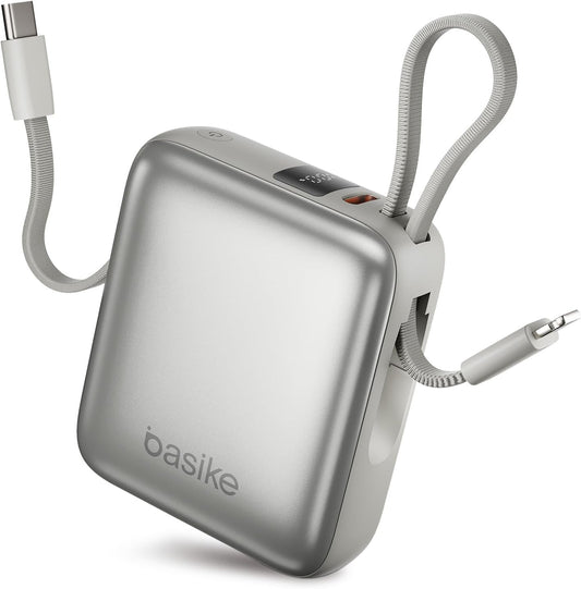 Basike Carregador Portátil 10000mAh, Mini Power Bank com Cabos Integrados, Carregamento Rápido 22.5W(MAX), Pequeno, Led Indicador de Bateria para iPhone/Samsung/Huawei/Xiaomi, etc (Cinza)