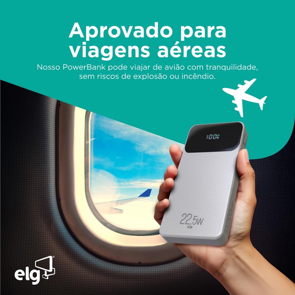 Power Bank 10200mAH, Bateria Portátil Universal, Carga Rápida, Display Indicador, Entradas Micro USB e USB-C, 2 Portas USB-A, Branco, PB102WH, ELG