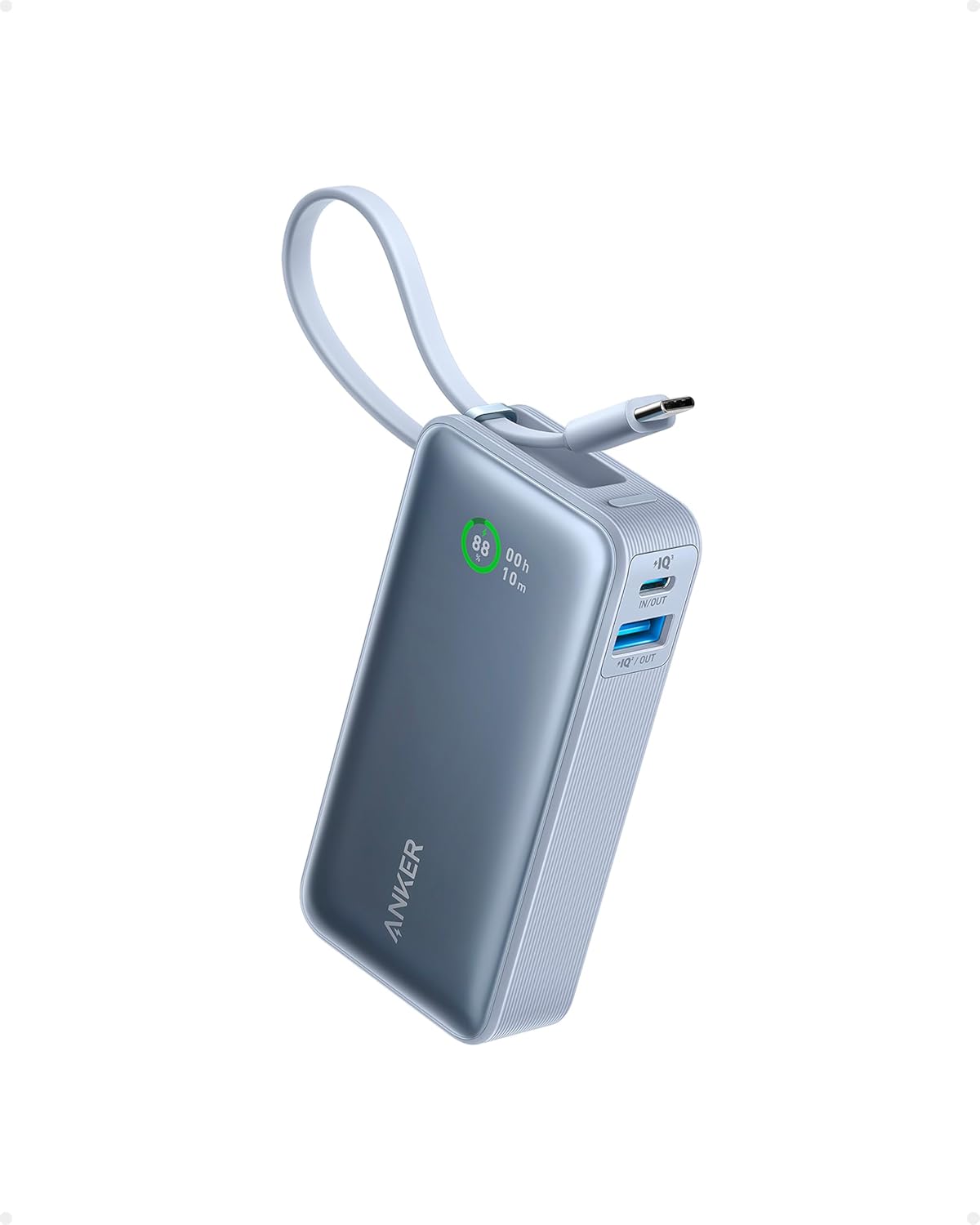 Anker Nano Power Bank, Carregador Portátil de 10.000 mAh com Cabo USB-C Integrado, Saída Máxima de 30W, para iPhone 17/iPhone 16/Série 15, MacBook, AirPods e Mais, Preto