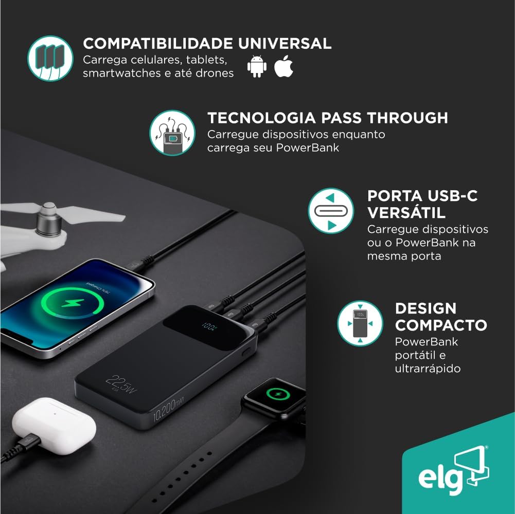 Power Bank 10200mAH, Bateria Portátil Universal, Carga Rápida, Display Indicador, Entradas Micro USB e USB-C, 2 Portas USB-A, Branco, PB102WH, ELG