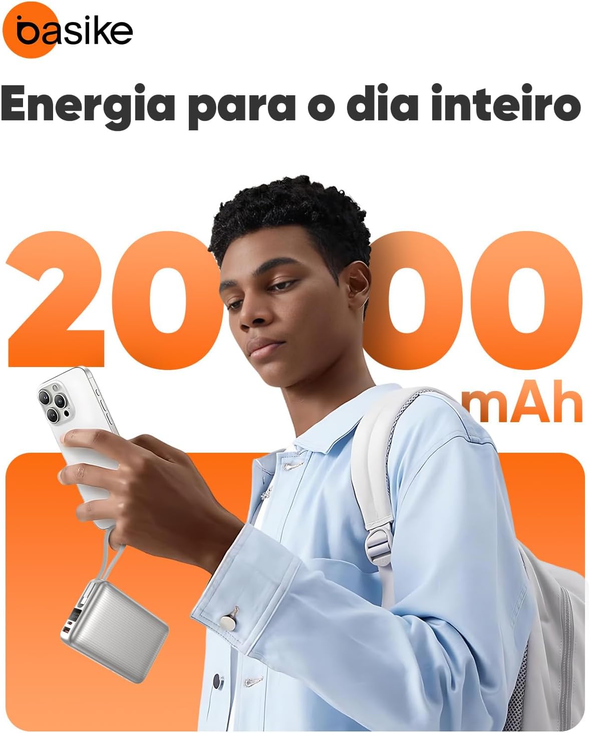 Basike Power Bank, Carregador Portátil 20000mAh 45W, 3-Saídas com Cabo USB-C Integrado, Bateria Externa de Carregamento Rápido PPS/PD/QC para iPhone Séries 16/15/14/13, Samsung S25/24/23/22/21 (Prata)