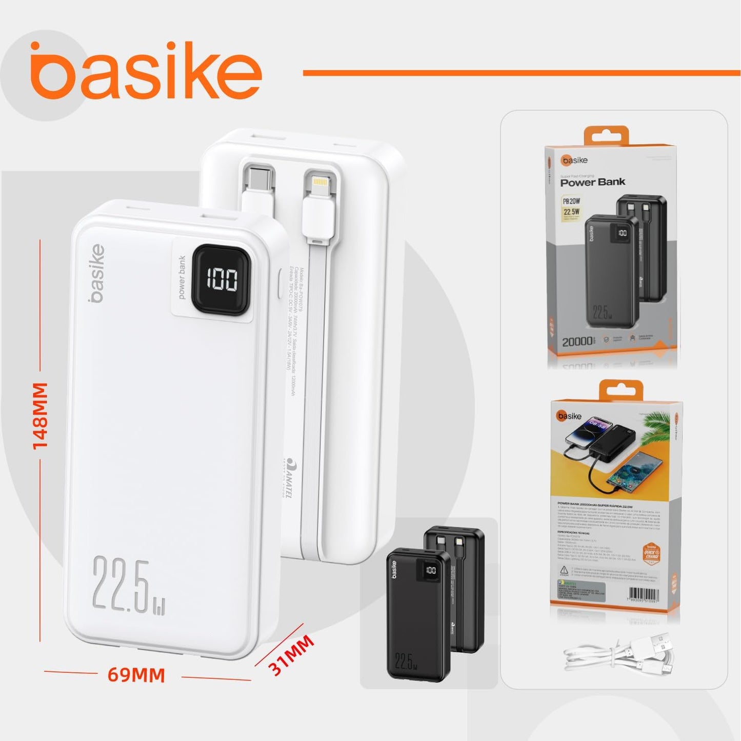 Basike Power Bank, Carregador Portátil Universal 20000mAh, USB-A(até 22.5W)+USB-C(até PD20W), com 2 Cabos Integrados (USB-C, Lightning) Carregamento Rápido, Led Indicador de Bateria (Preto)