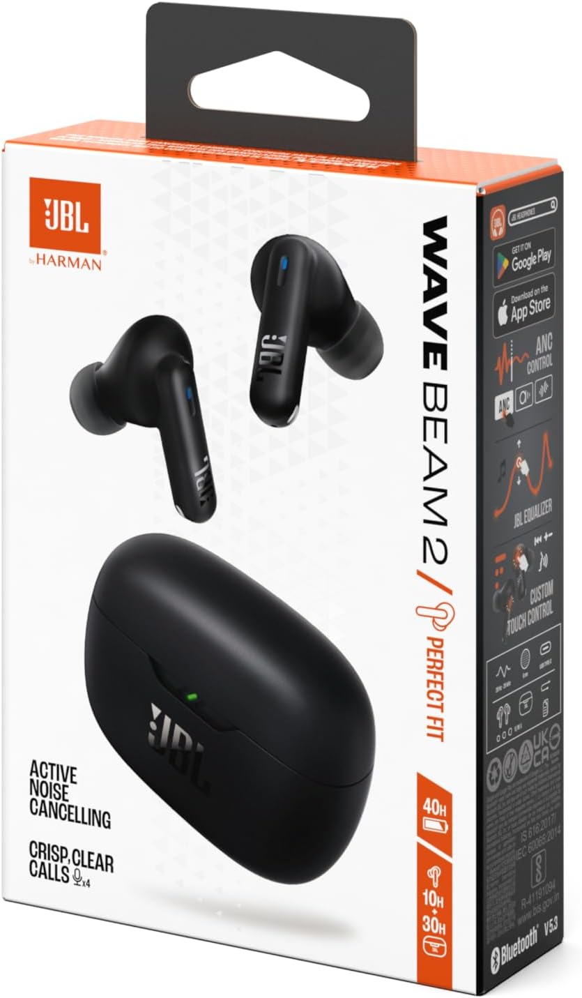 Fone de Ouvido Sem Fio, JBL, Bluetooth, Wave Beam 2, Intra Auricular, Sem Fio, Resistente À Água e Poeira - Preto