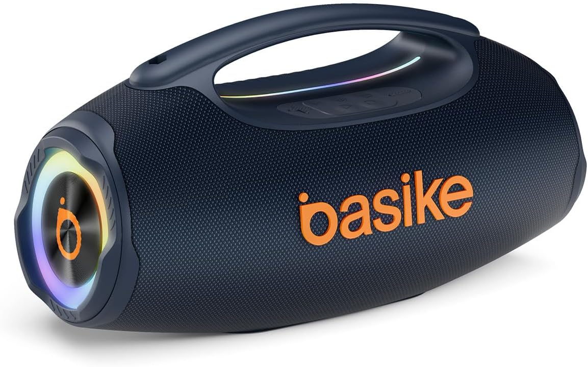 Basike Caixa de Som Bluetooth Portátil 80W RMS (Pico 120W), TWS Estéreo, Modos EQ, Luzes RGB, IPX6 Resistente à Água, Bateria 8000mAh, para Home Theater, Festa e Uso Externo – Preto