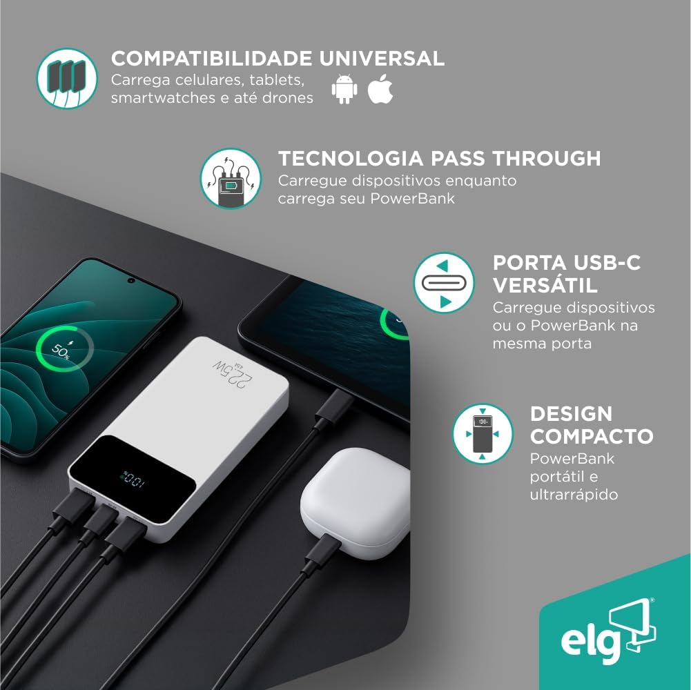 Power Bank 10200mAH, Bateria Portátil Universal, Carga Rápida, Display Indicador, Entradas Micro USB e USB-C, 2 Portas USB-A, Branco, PB102WH, ELG