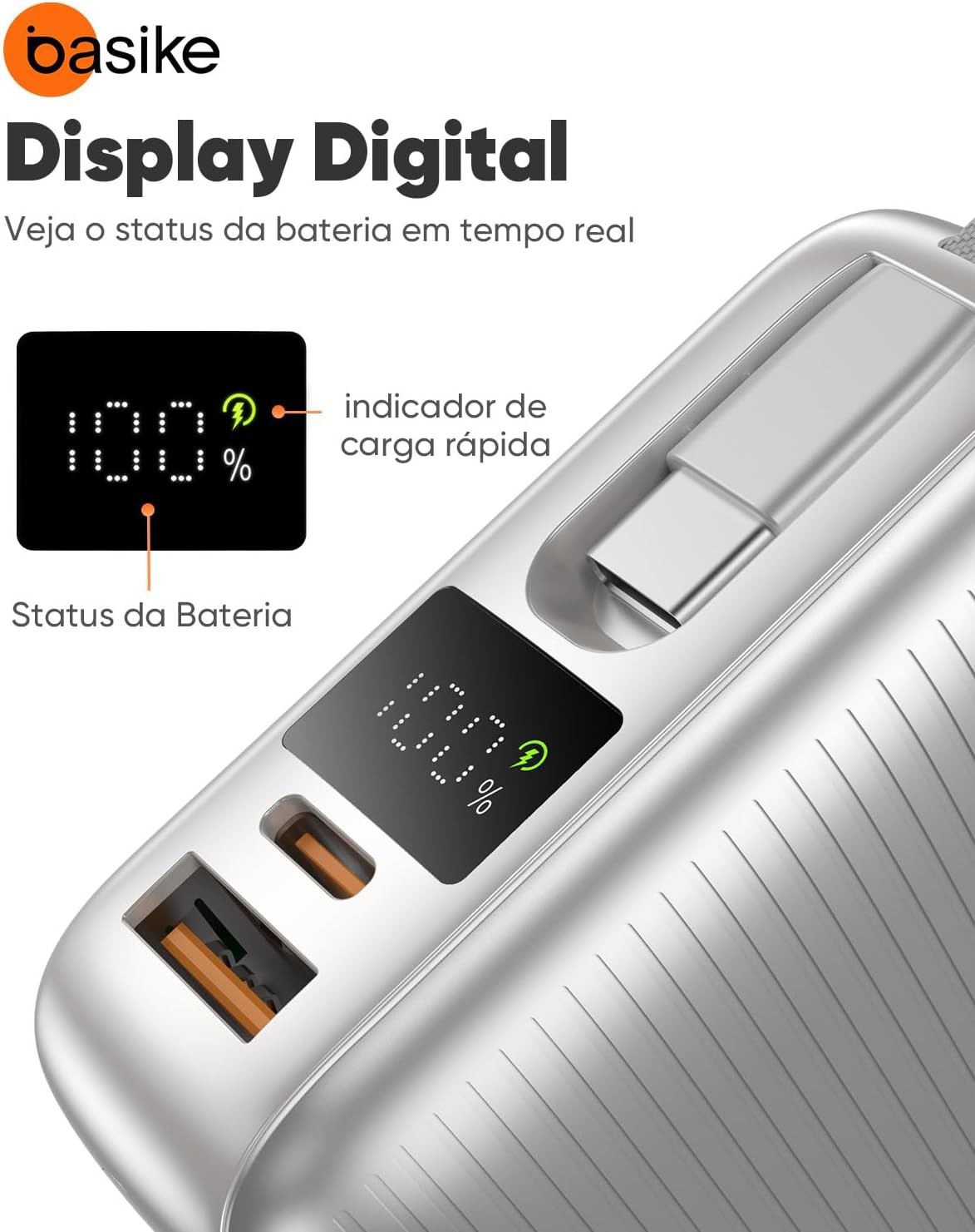 Basike Power Bank, Carregador Portátil 20000mAh 45W, 3-Saídas com Cabo USB-C Integrado, Bateria Externa de Carregamento Rápido PPS/PD/QC para iPhone Séries 16/15/14/13, Samsung S25/24/23/22/21 (Prata)