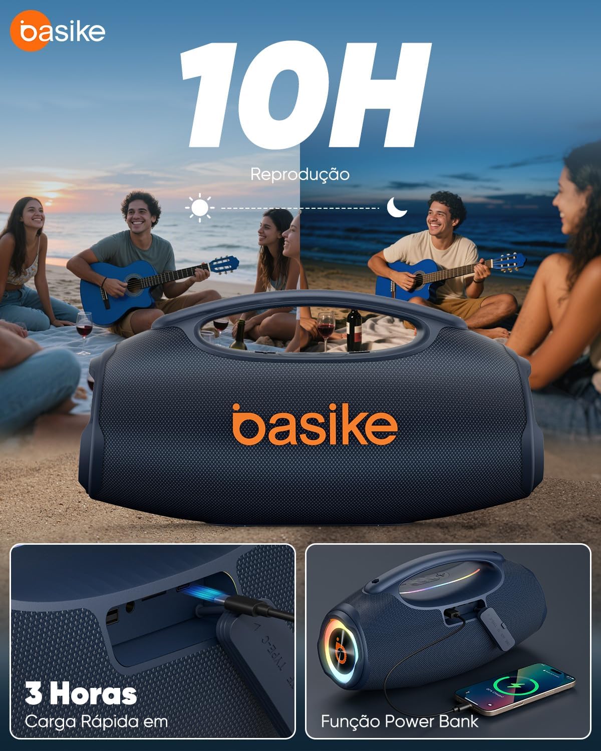 Basike Caixa de Som Bluetooth Portátil 80W RMS (Pico 120W), TWS Estéreo, Modos EQ, Luzes RGB, IPX6 Resistente à Água, Bateria 8000mAh, para Home Theater, Festa e Uso Externo – Preto