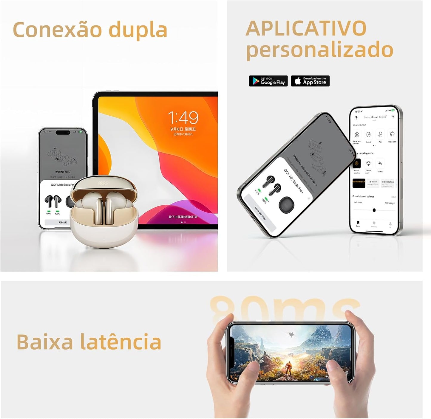 Fones de Ouvido QCY MeloBuds Pro, Fone Bluetooth com Cancelamento de Ruído Ativo, Certificação Hi-Res, 34 Horas De Reprodução, Preto (Black)