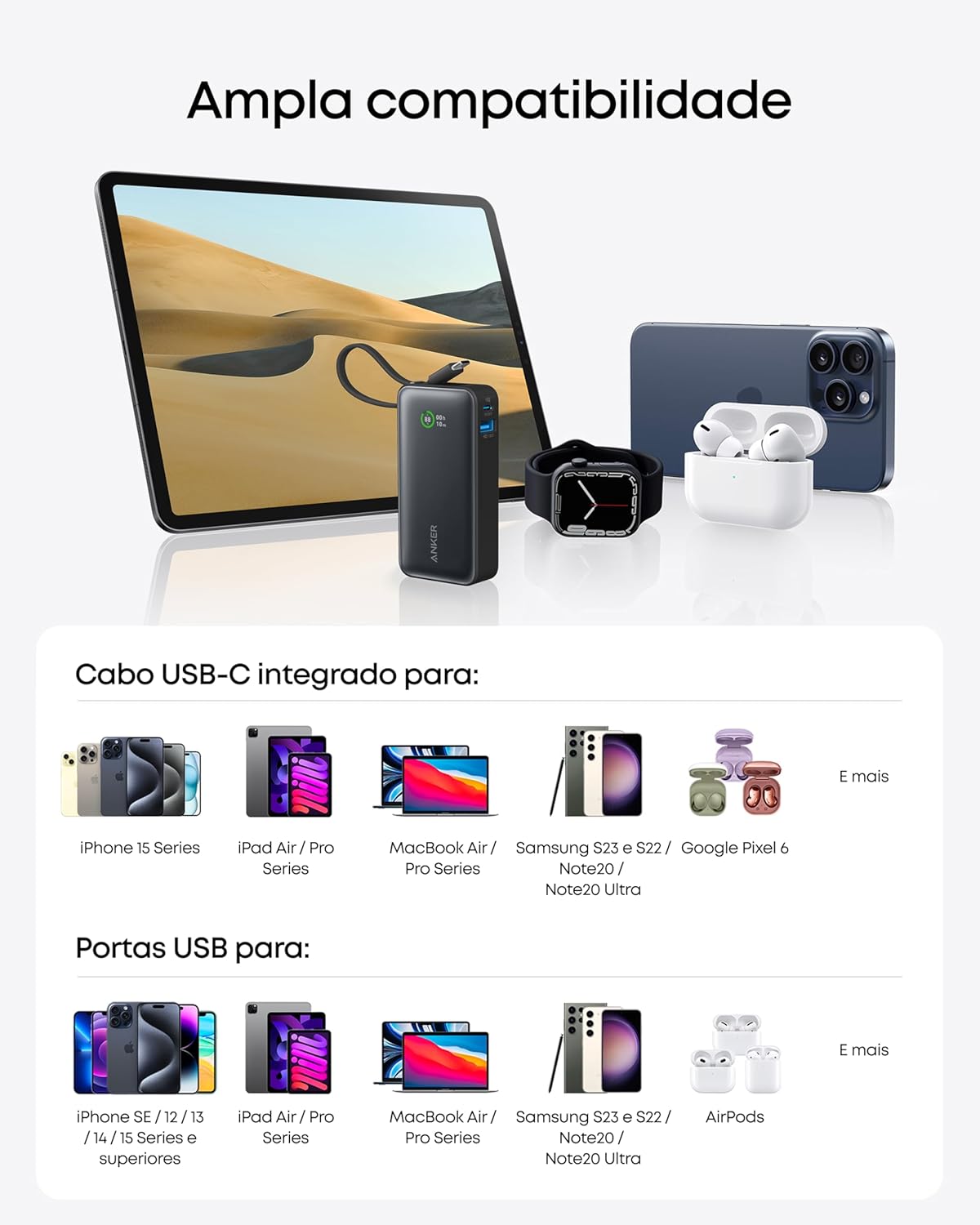 Anker Nano Power Bank, Carregador Portátil de 10.000 mAh com Cabo USB-C Integrado, Saída Máxima de 30W, para iPhone 17/iPhone 16/Série 15, MacBook, AirPods e Mais, Preto