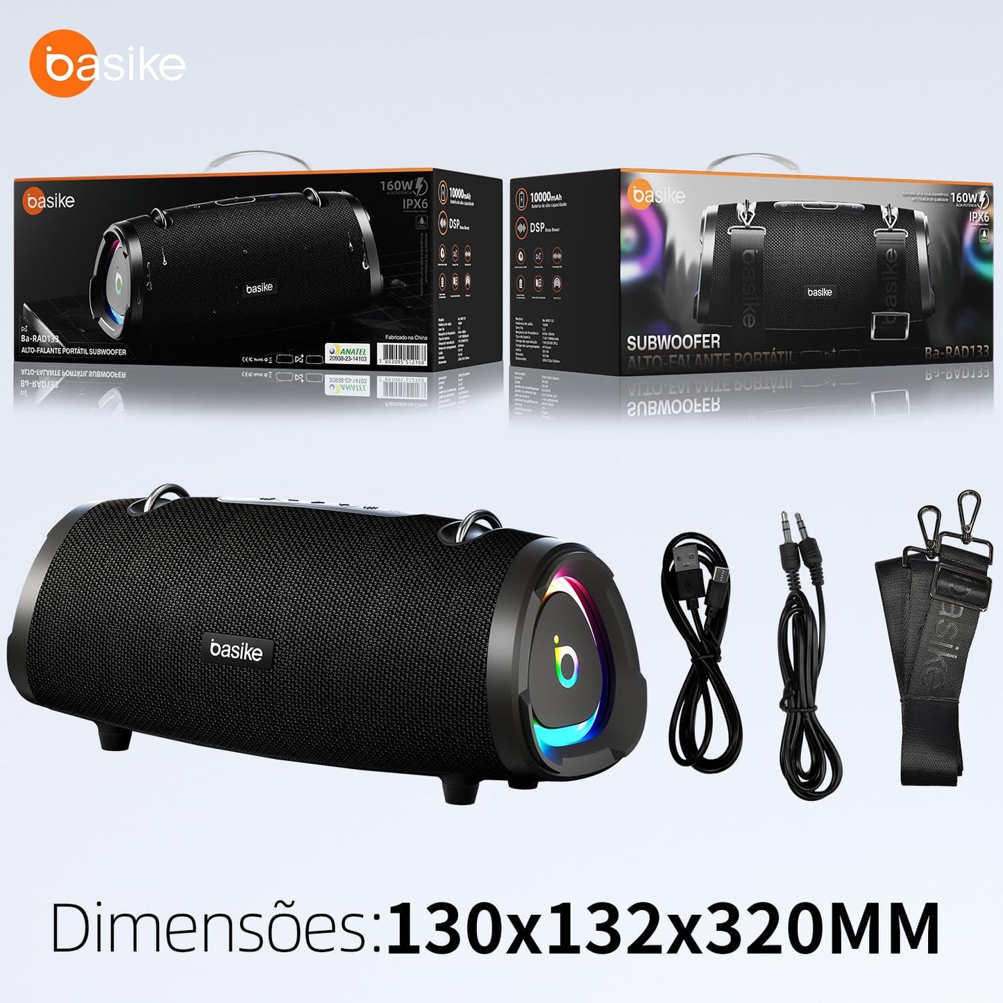 Basike Caixa de Som Bluetooth Portátil 100W RMS (160W Pico), TWS Estéreo, EQ, Microfone Integrado, Luzes RGB, IPX6 Resistente à Água, 12h de Bateria para Home Theater, Festa e Exterior – Preto